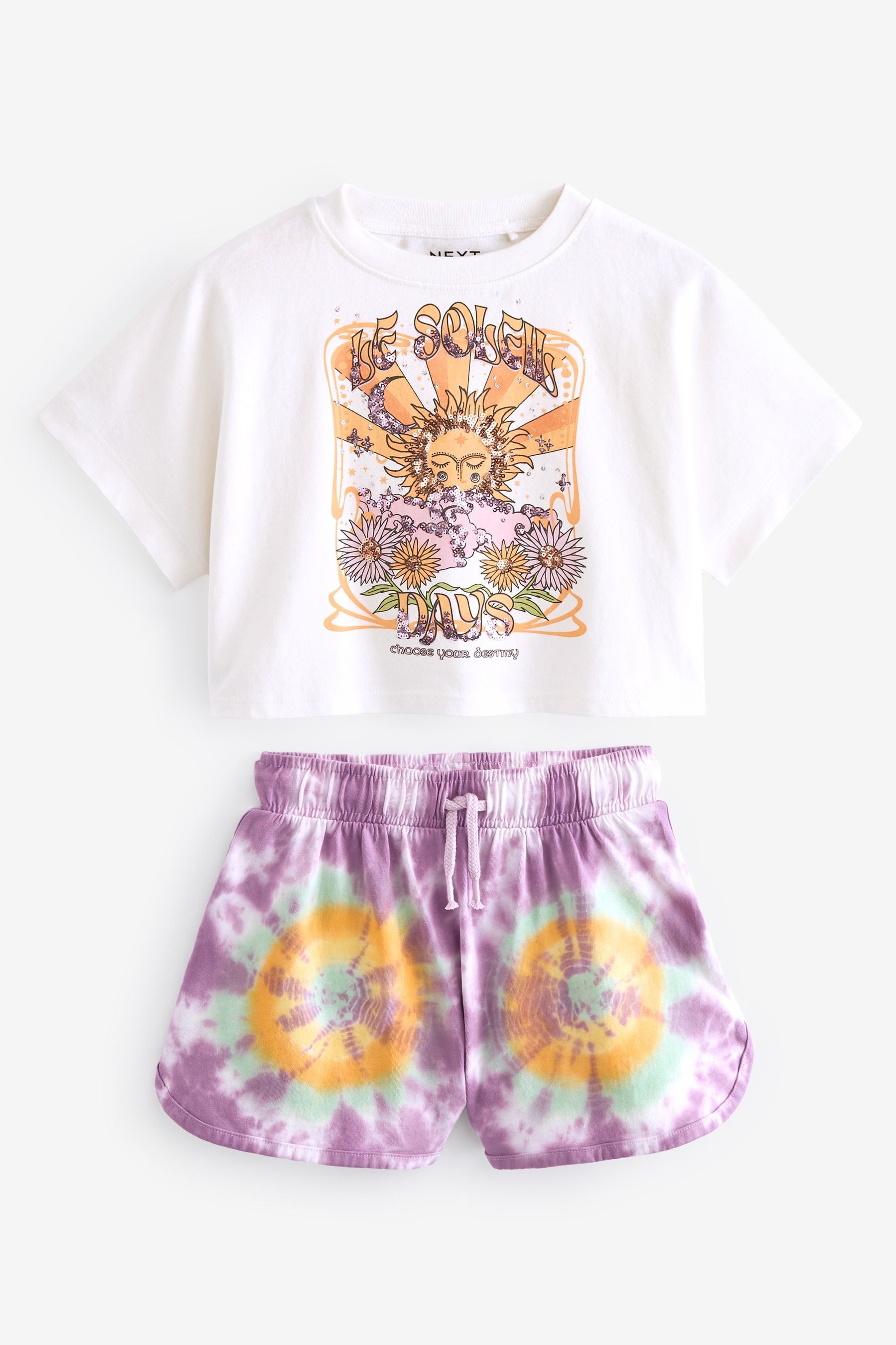 Ecru White Sequin Celestial Graphic T-Shirt and Tie Dye Shorts Set (3-16yrs)