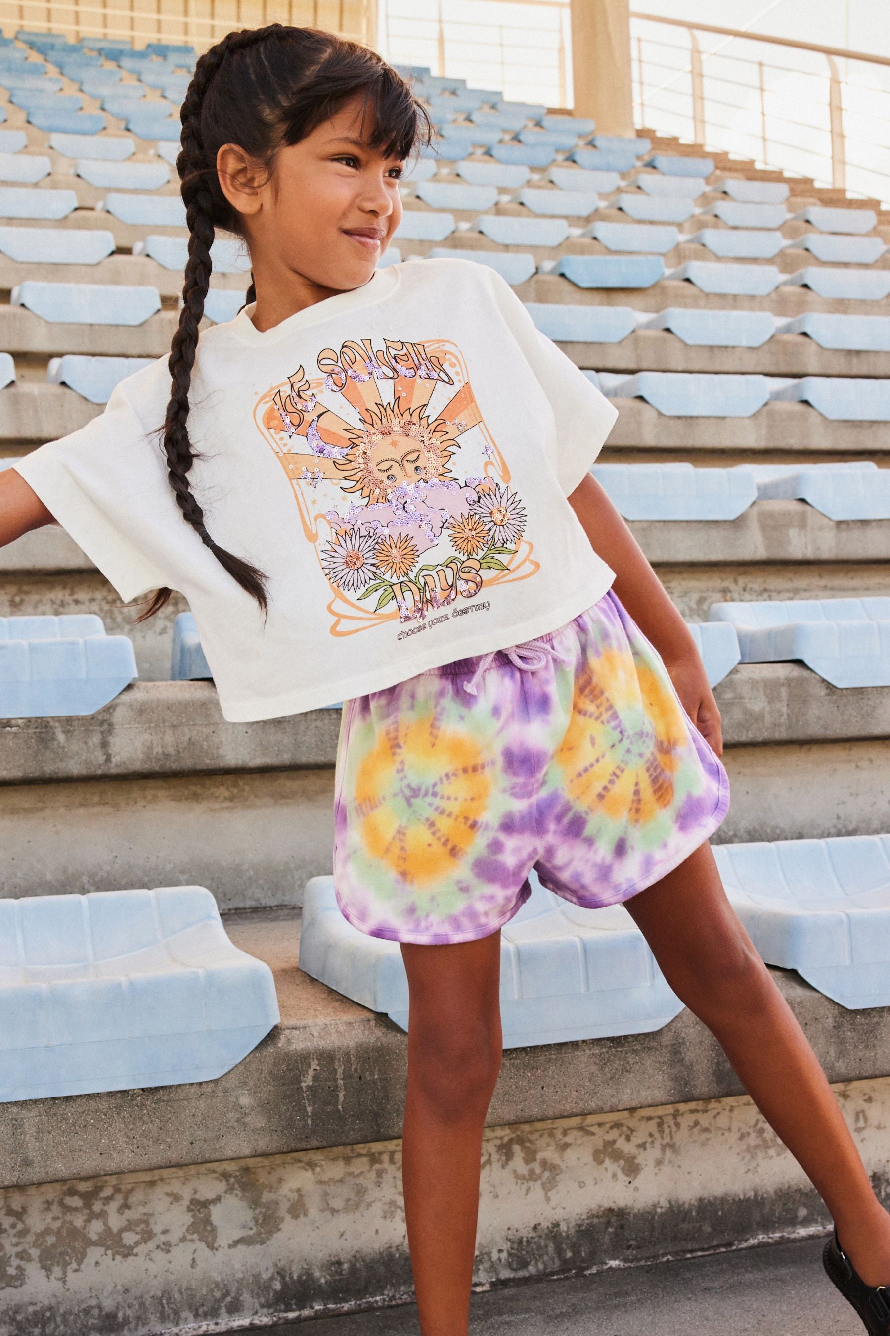 Ecru White Sequin Celestial Graphic 100% Cotton T-Shirt and Tie Dye Shorts Set (3-16yrs)