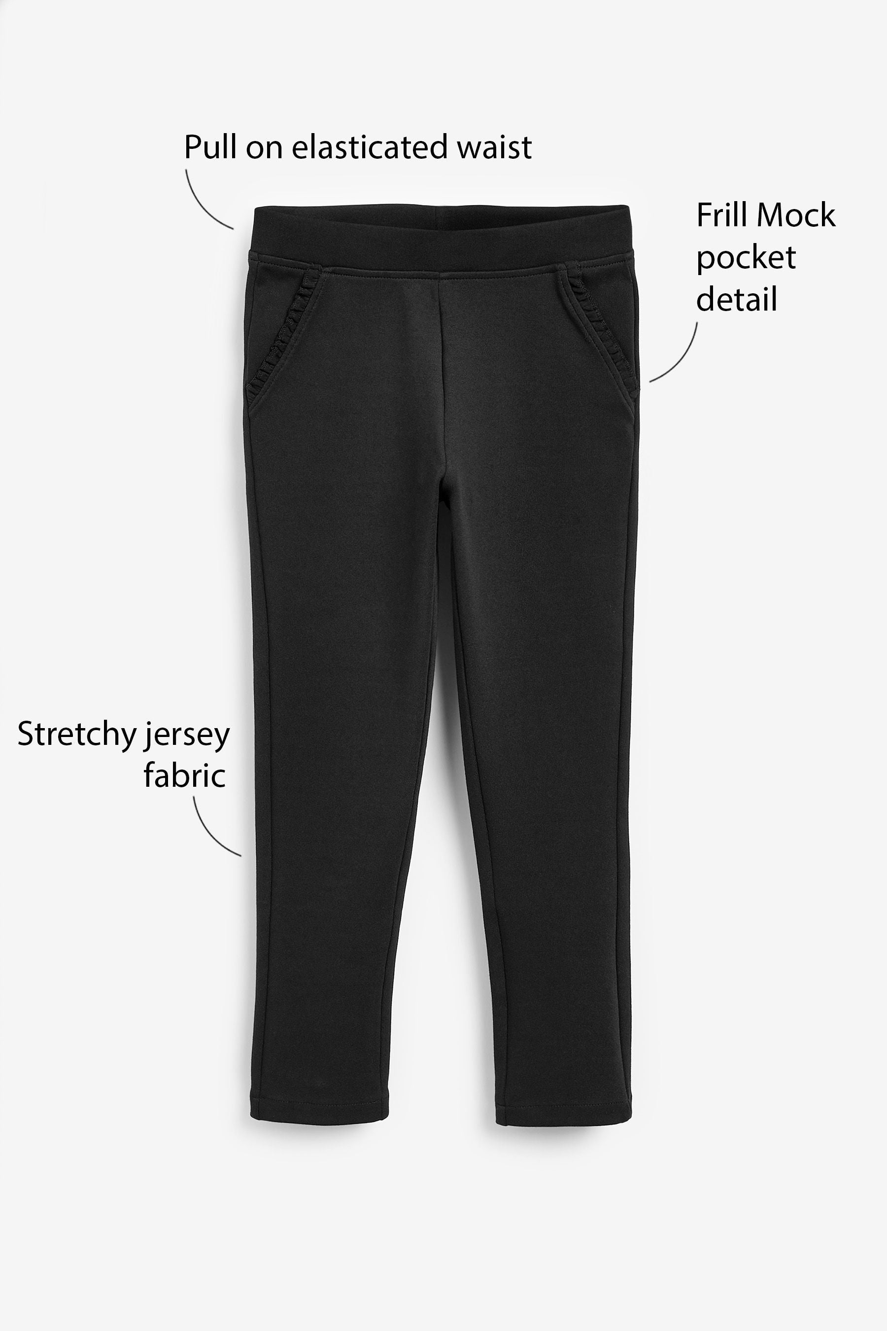 Black Cotton Rich Jersey Stretch Pull-On Frill Detail School Trousers (3-16yrs)