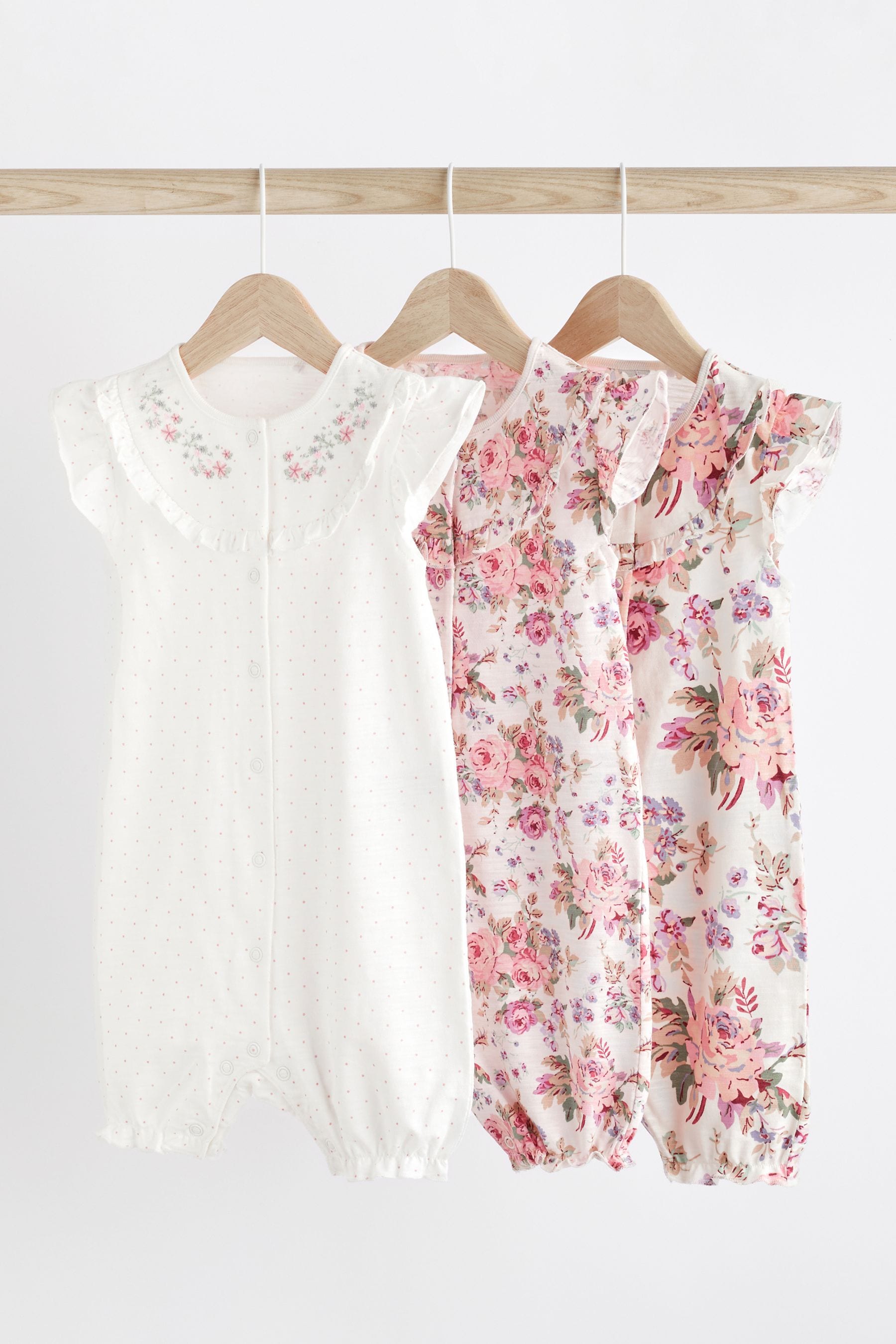 Pink/White Floral Baby Rompers 3 Pack