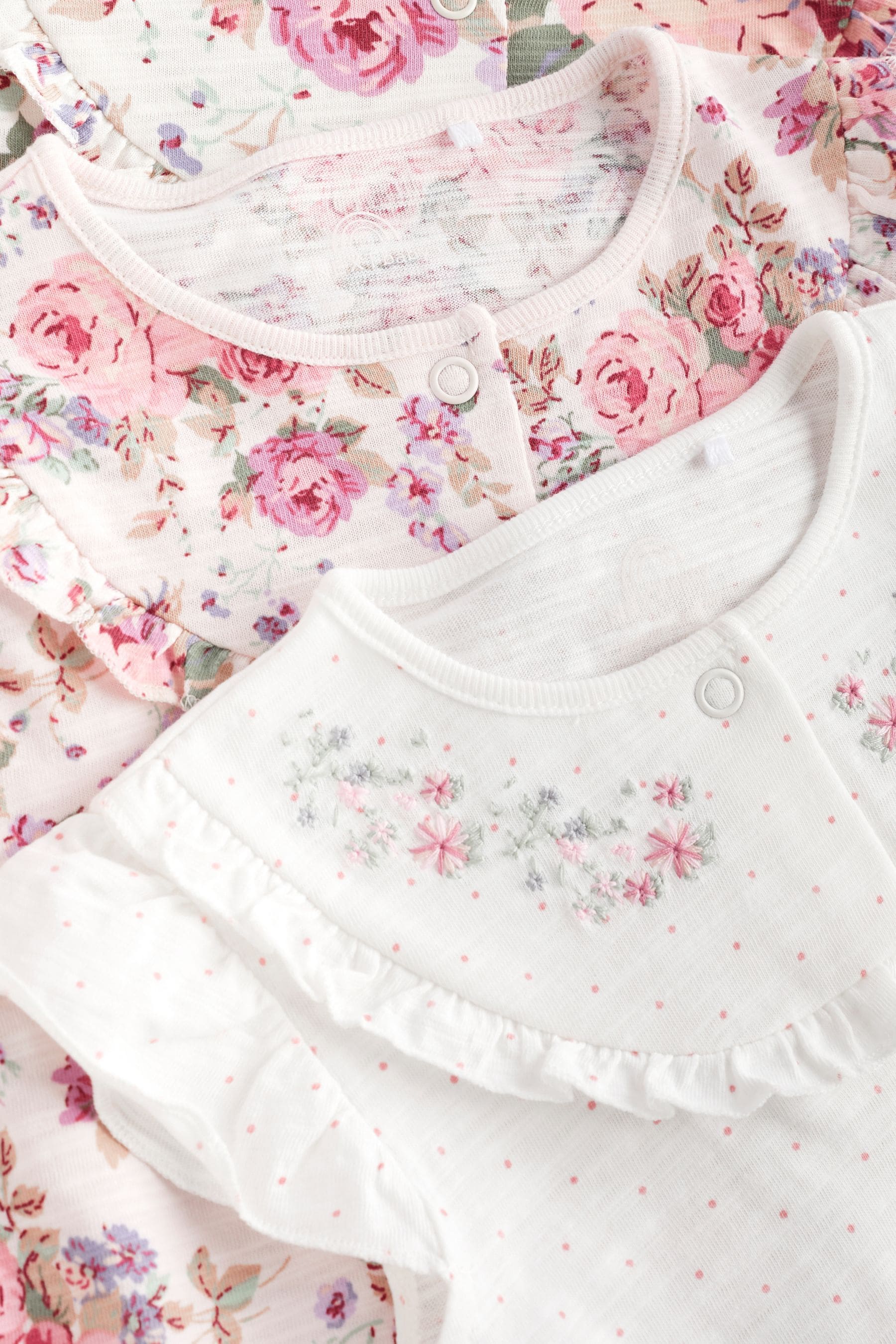 Pink/White Floral Baby Rompers 3 Pack