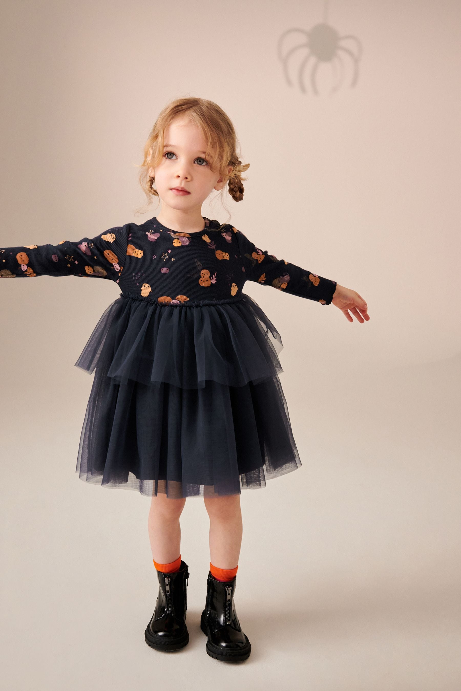 Charcoal Grey Halloween Printed Long Sleeve Party Dress (3mths-7yrs)