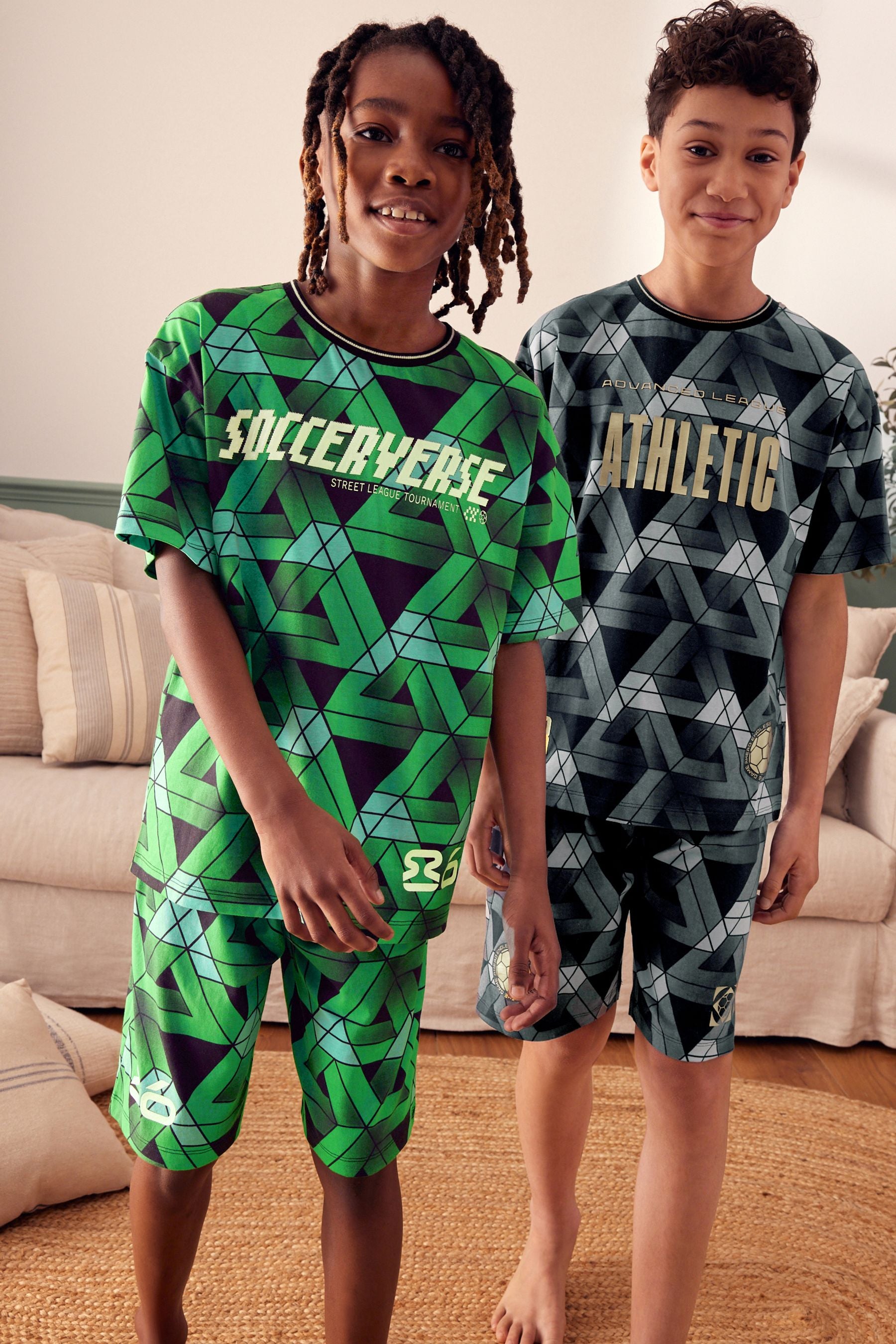 Green/Black Football 100% Cotton Short Pyjamas 2 Pack (4-16yrs)