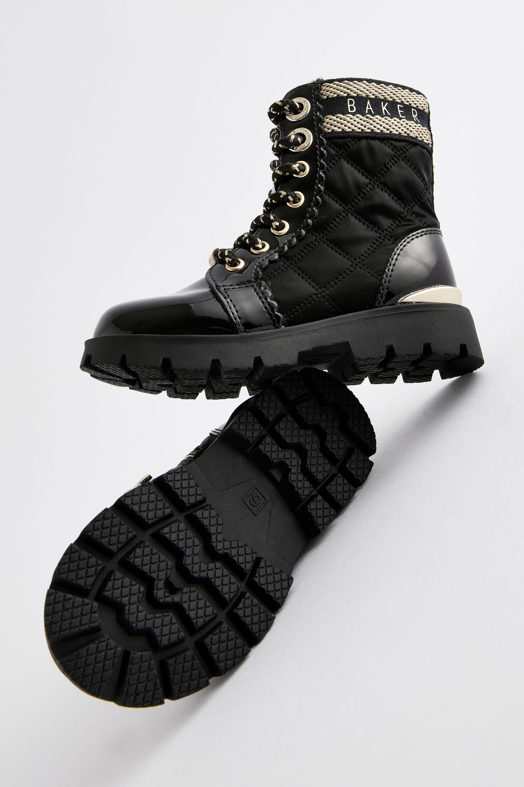 Baker by Ted Baker Girls Quilted Lace Up Black Boots with Gold Trims