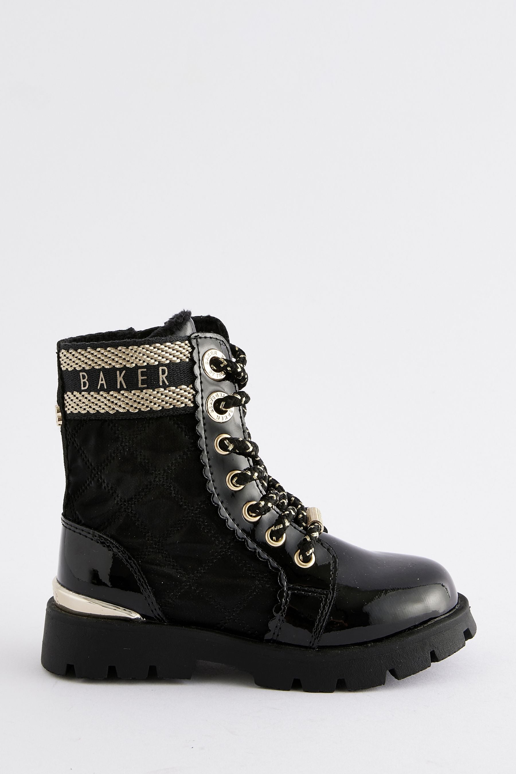 Baker by Ted Baker Girls Quilted Lace Up Black Boots with Gold Trims