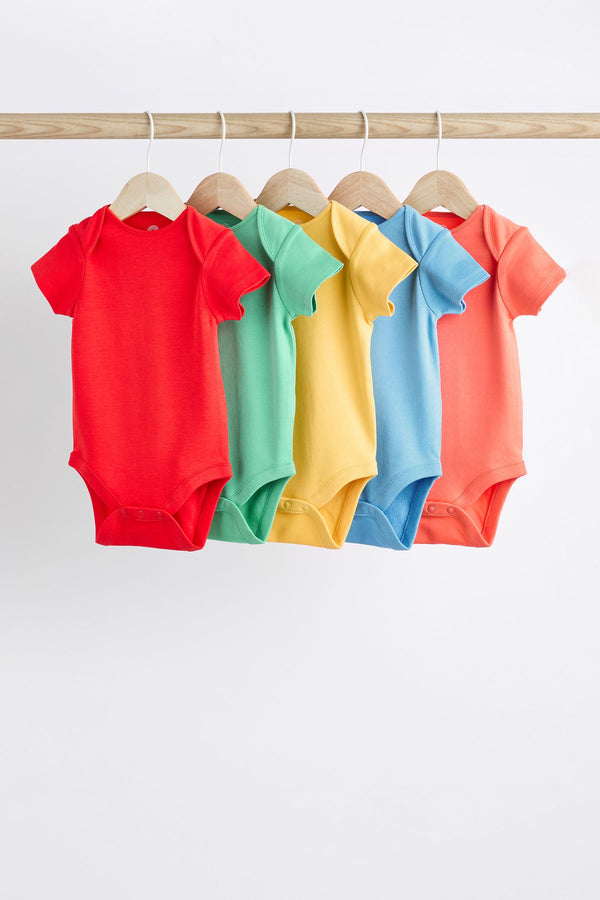 Bright Plain Short Sleeve 100% Cotton Baby Bodysuits 5 Pack