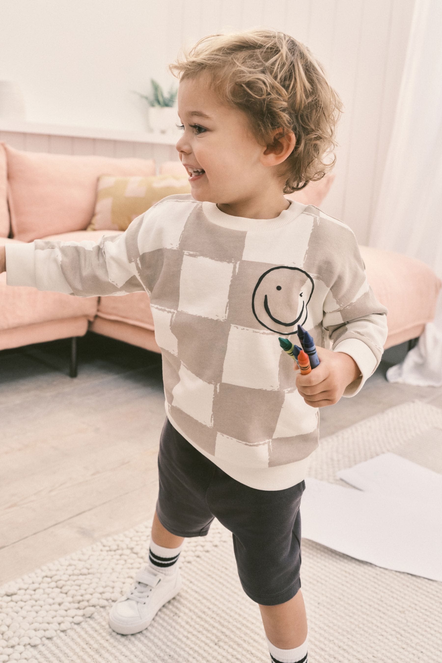 Stone Oversized Check All-Over Print 100% Cotton Sweatshirt and Shorts Set (3mths-7yrs)