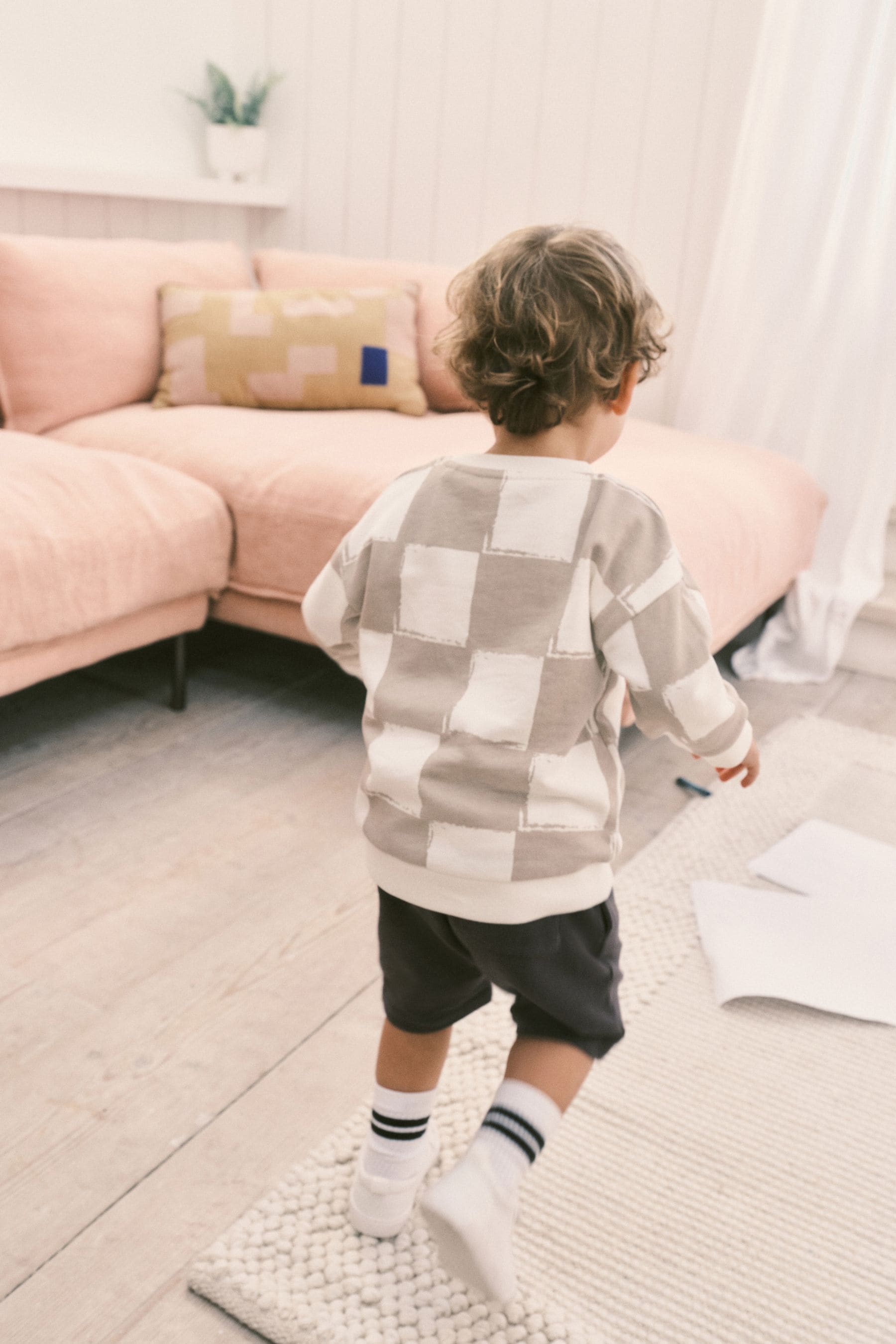 Stone Oversized Check All-Over Print 100% Cotton Sweatshirt and Shorts Set (3mths-7yrs)