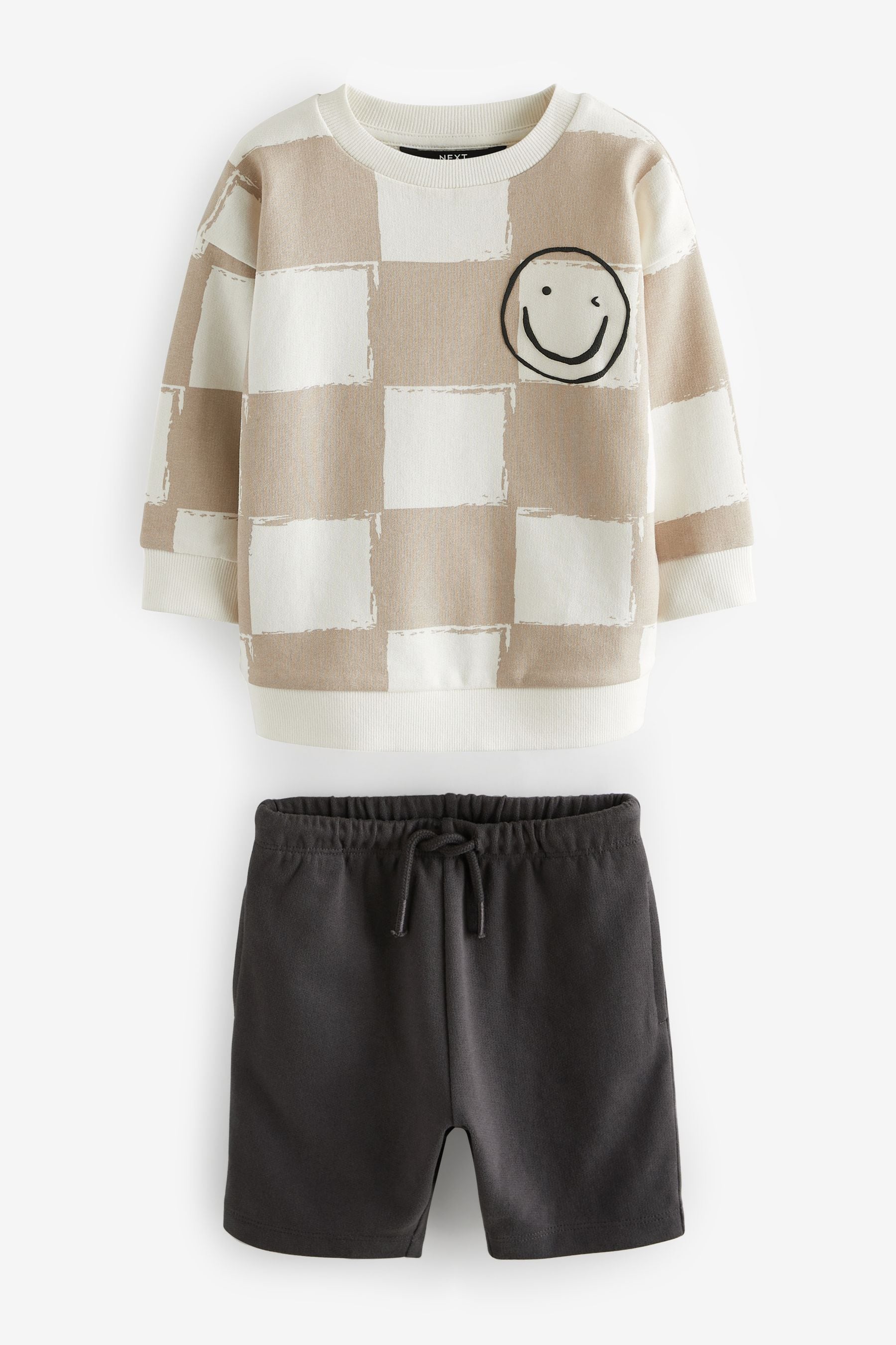 Stone Oversized Check All-Over Print 100% Cotton Sweatshirt and Shorts Set (3mths-7yrs)