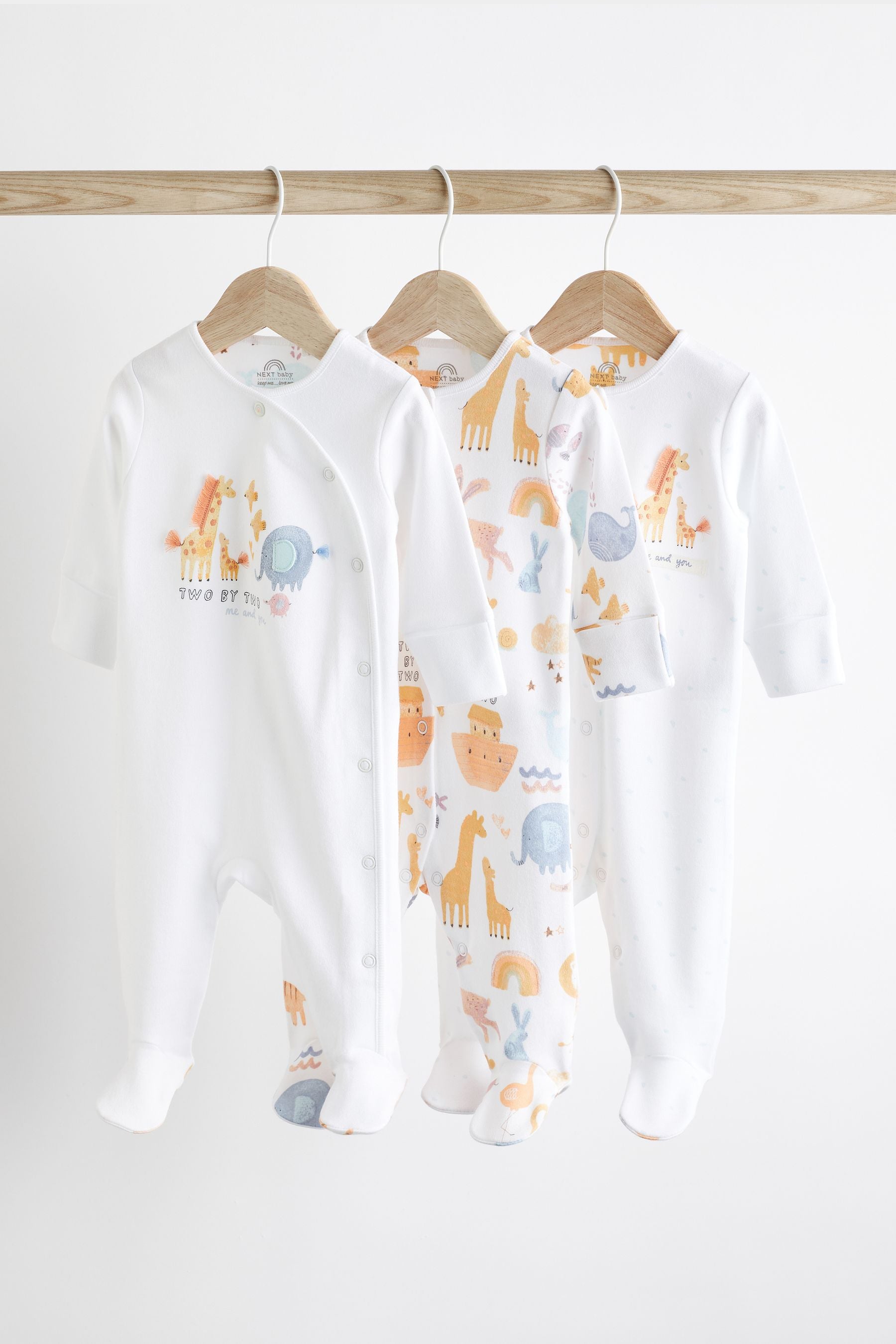 White Animals Baby Delicate Appliqu?© Cotton Sleepsuits 3 Pack (0-2yrs)