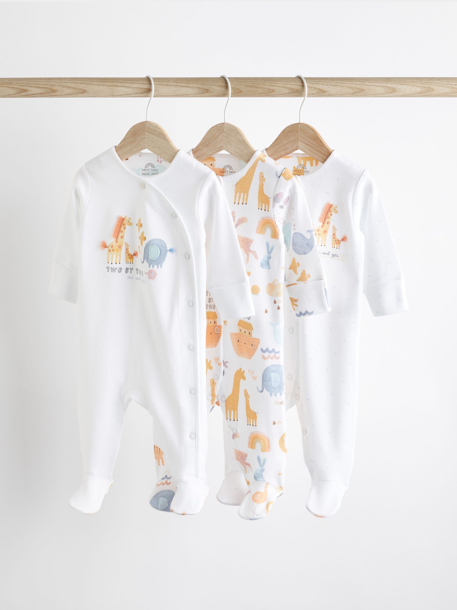 White Animals Baby Delicate Appliqué 100% Cotton Sleepsuits 3 Pack (0-2yrs)