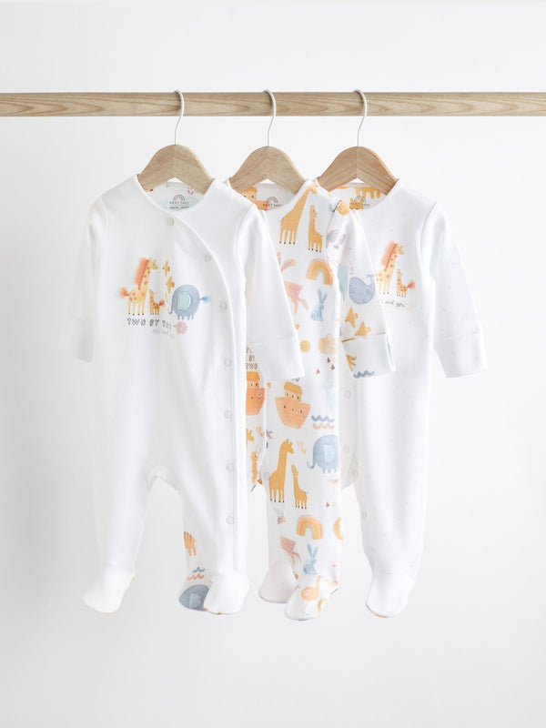 White Animals Baby Delicate Appliqué 100% Cotton Sleepsuits 3 Pack (0-2yrs)