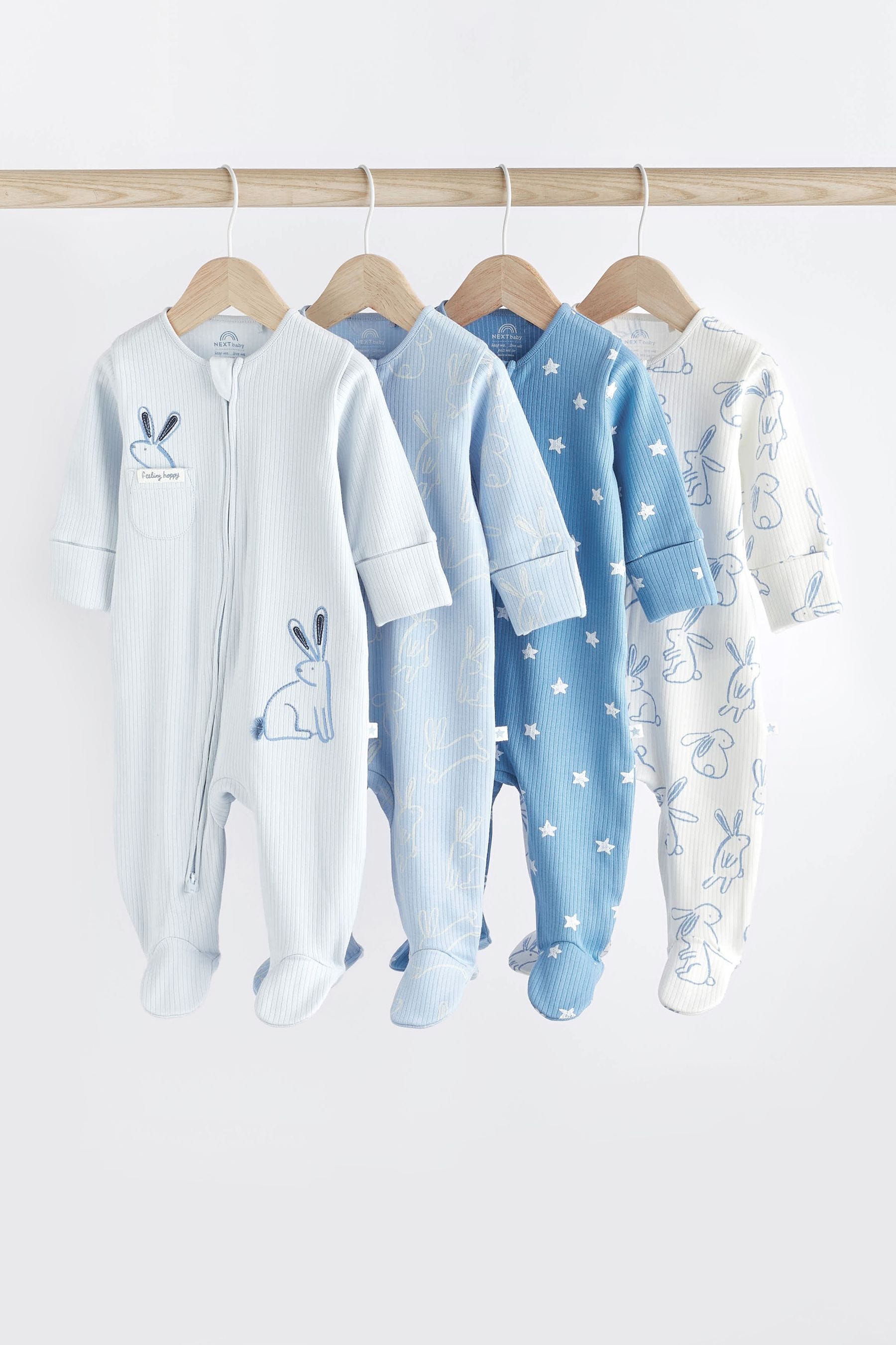 Blue Bunny Baby Zipped Sleepsuits 4 Pack (0mths-2yrs)