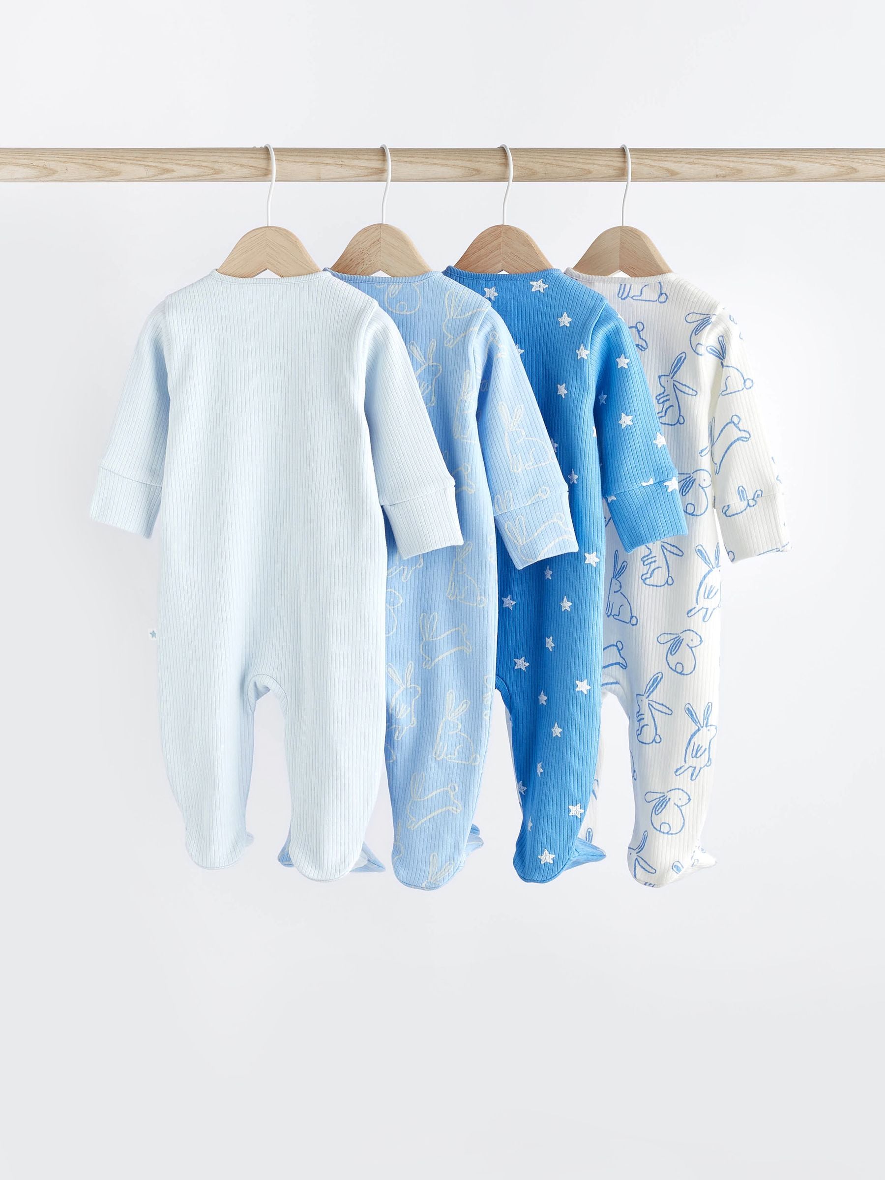 Blue Bunny Baby 100% Cotton Zipped Sleepsuits 4 Pack (0mths-2yrs)