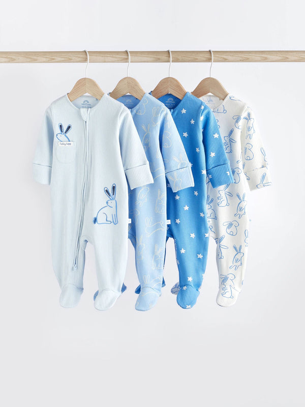 Blue Bunny Baby 100% Cotton Zipped Sleepsuits 4 Pack (0mths-2yrs)