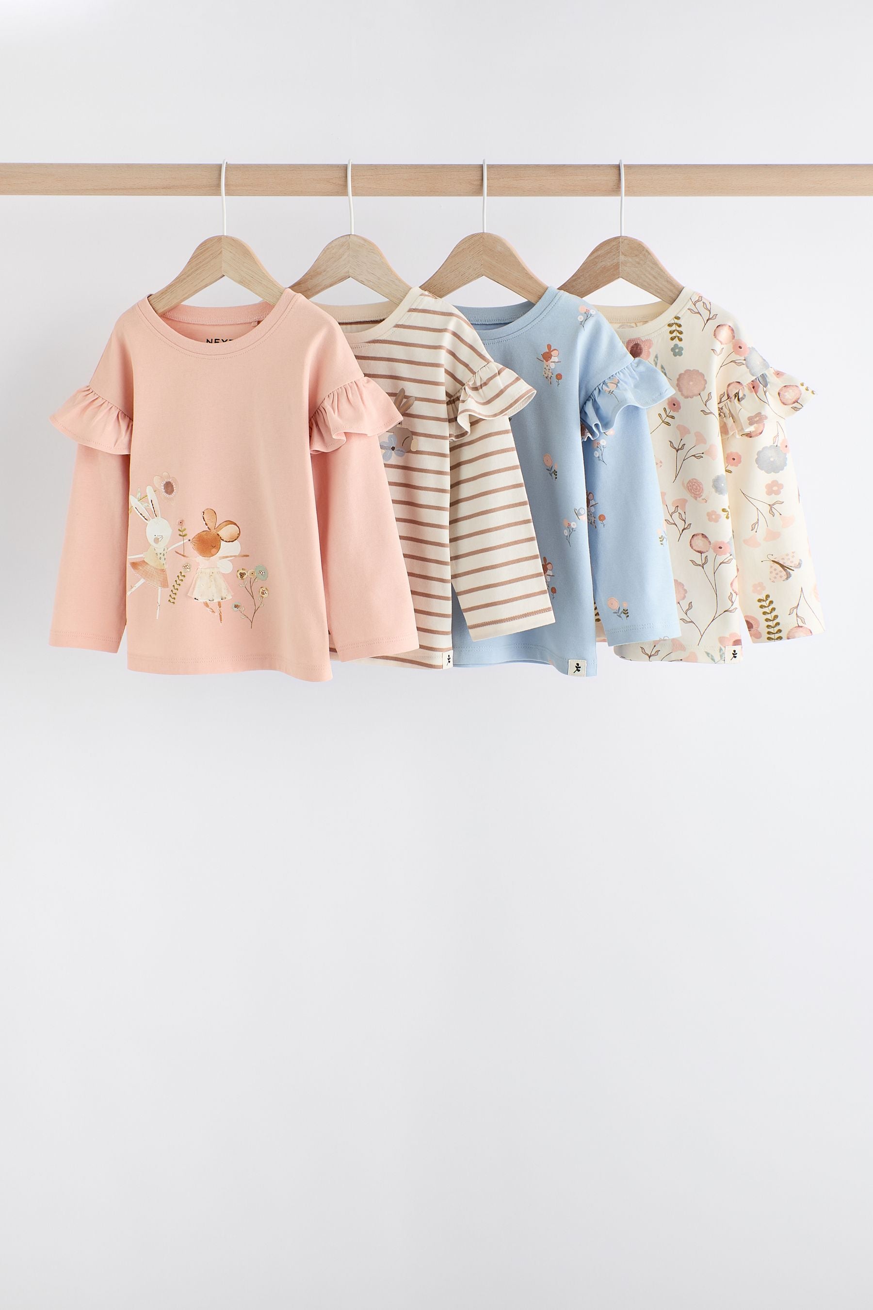 Pink Long Sleeve Frill 100% Cotton Tops 4 Pack (3mths-7yrs)