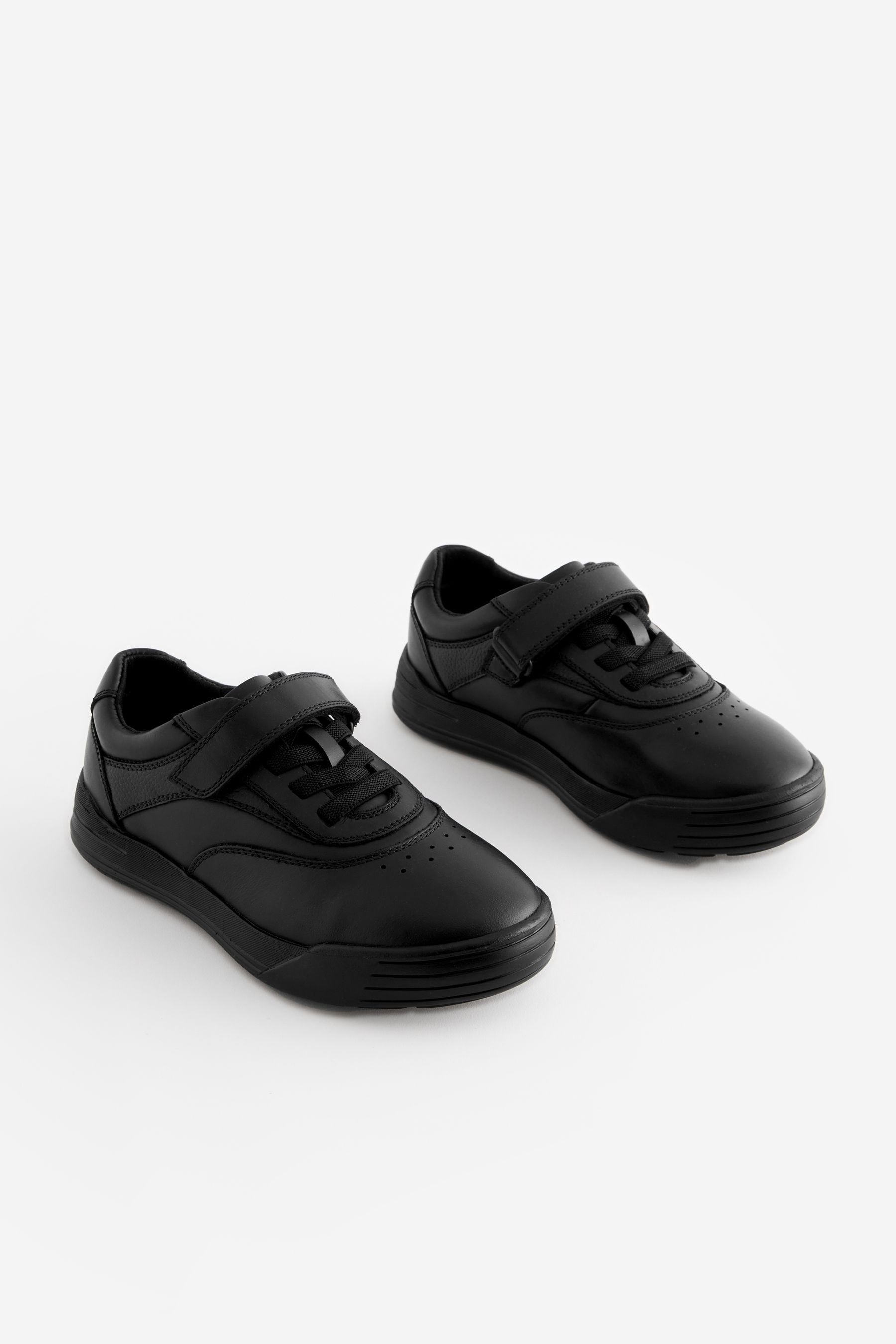 Black School Leather Elastic Lace Shoes