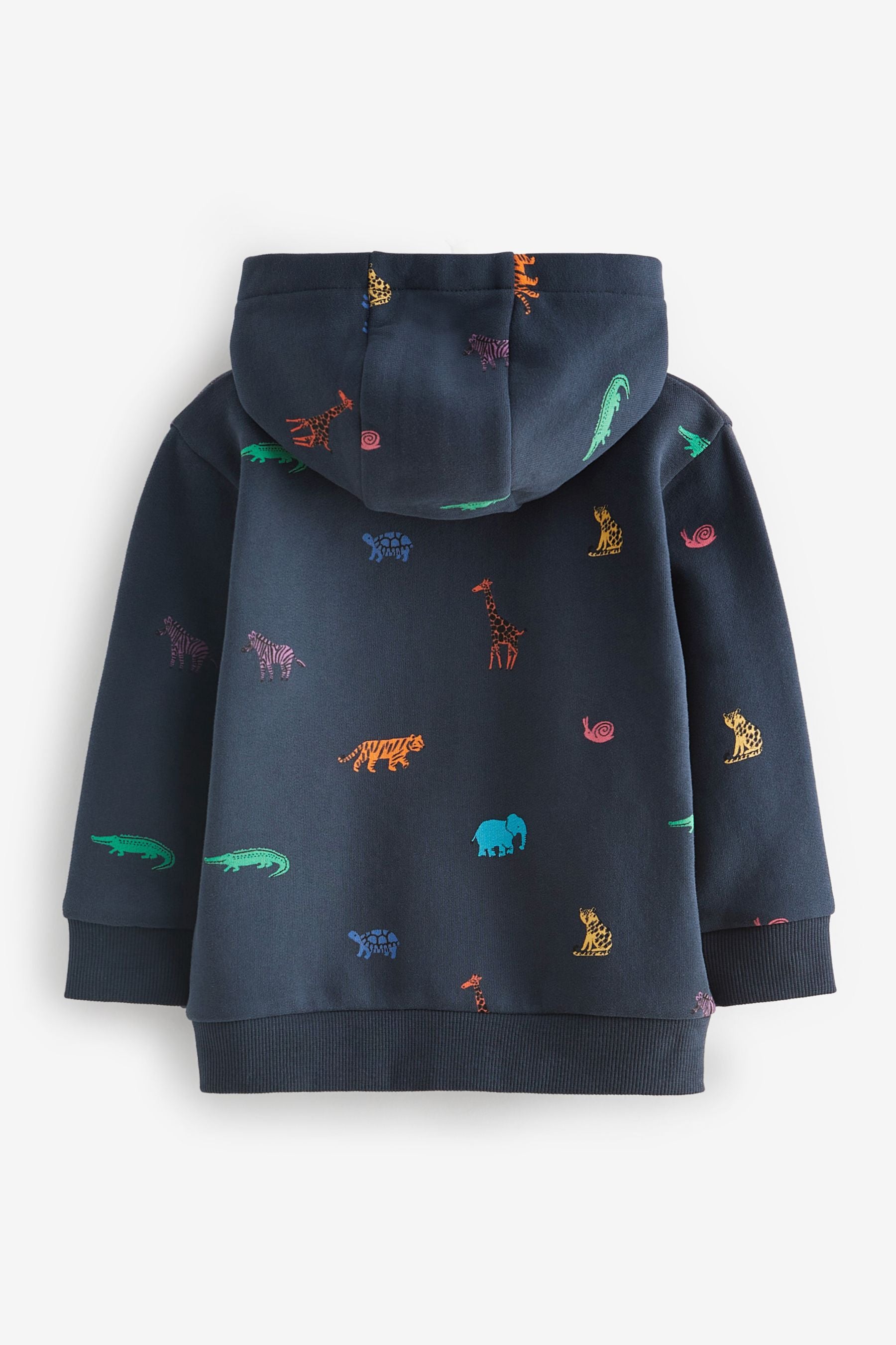 Navy Blue Safari Animals All Over Print Jersey Zip Through Hoodie (3mths-7yrs)