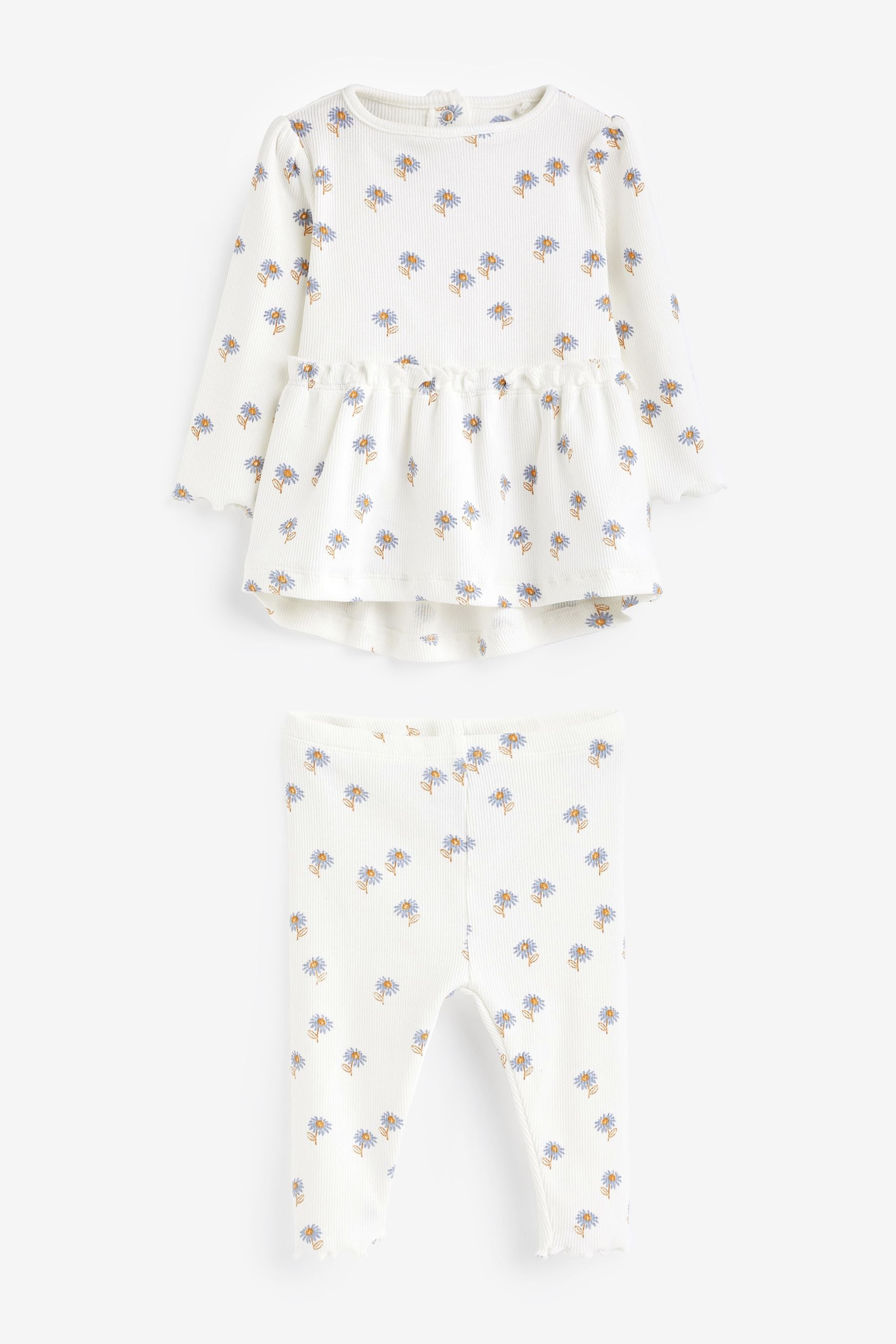 Blue/White Daisy Peplum Baby Top And Leggings Set