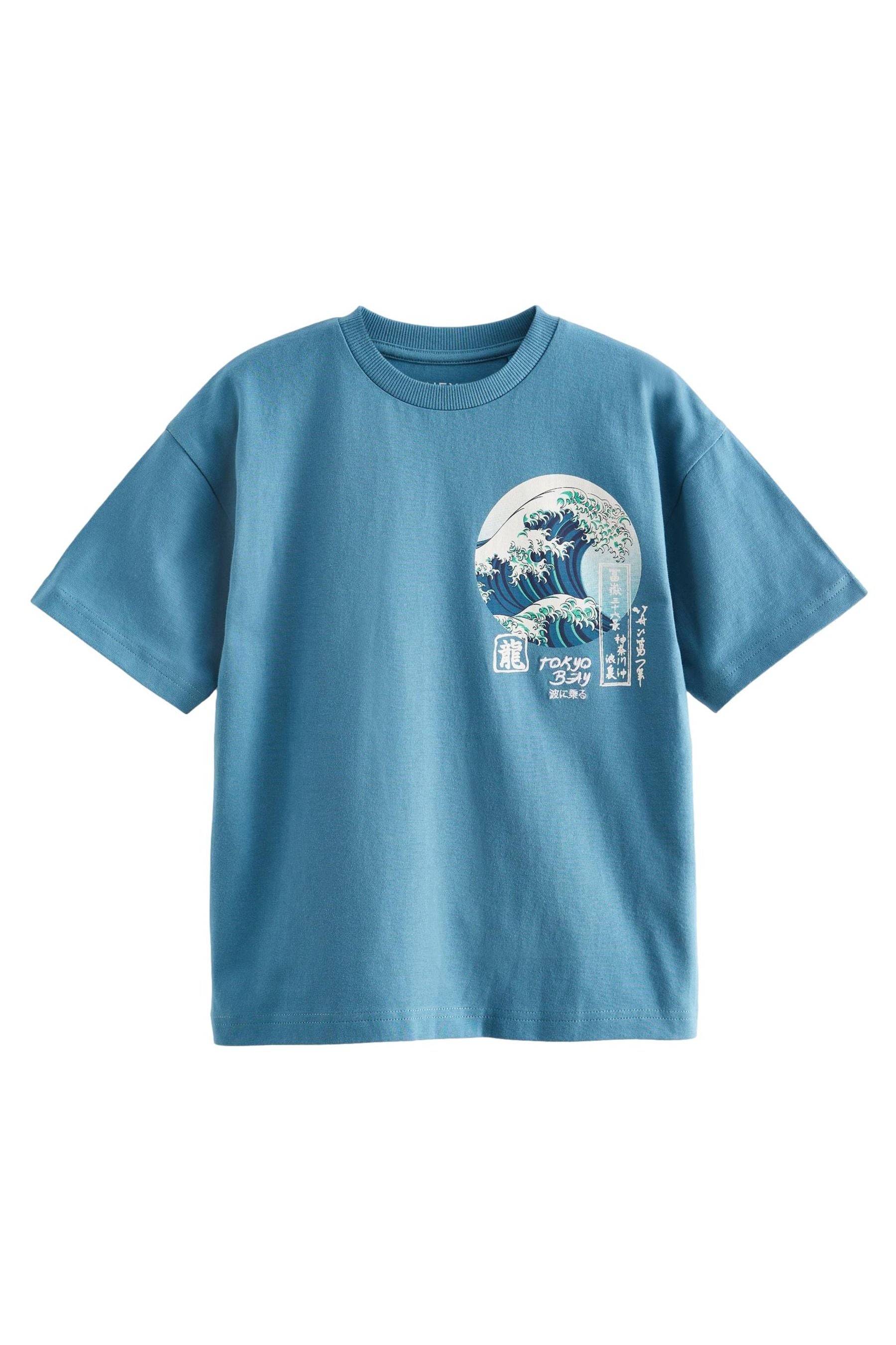 Teal Blue Wave Backprint Relaxed Fit Short Sleeve Graphic T-Shirt (3-16yrs)