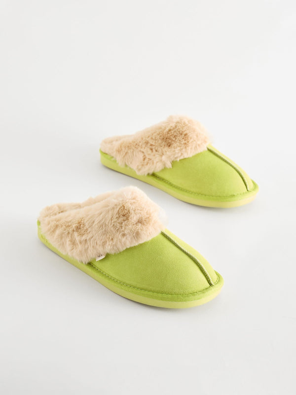 Lime Green Suede Faux Fur Lined Mule Slippers