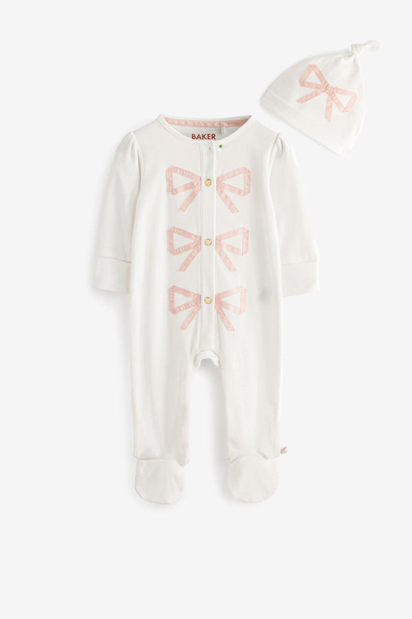 White Baker by Ted Baker Bow 100% Cotton Sleepsuit And Hat Set