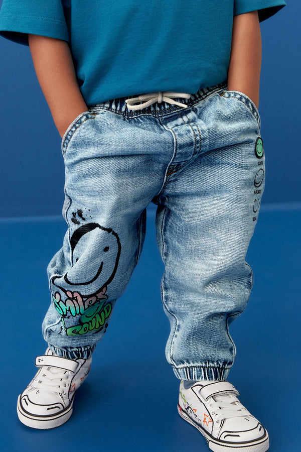 Light Blue Denim 100% Cotton Graffiti Print Jeans (3mths-7yrs)