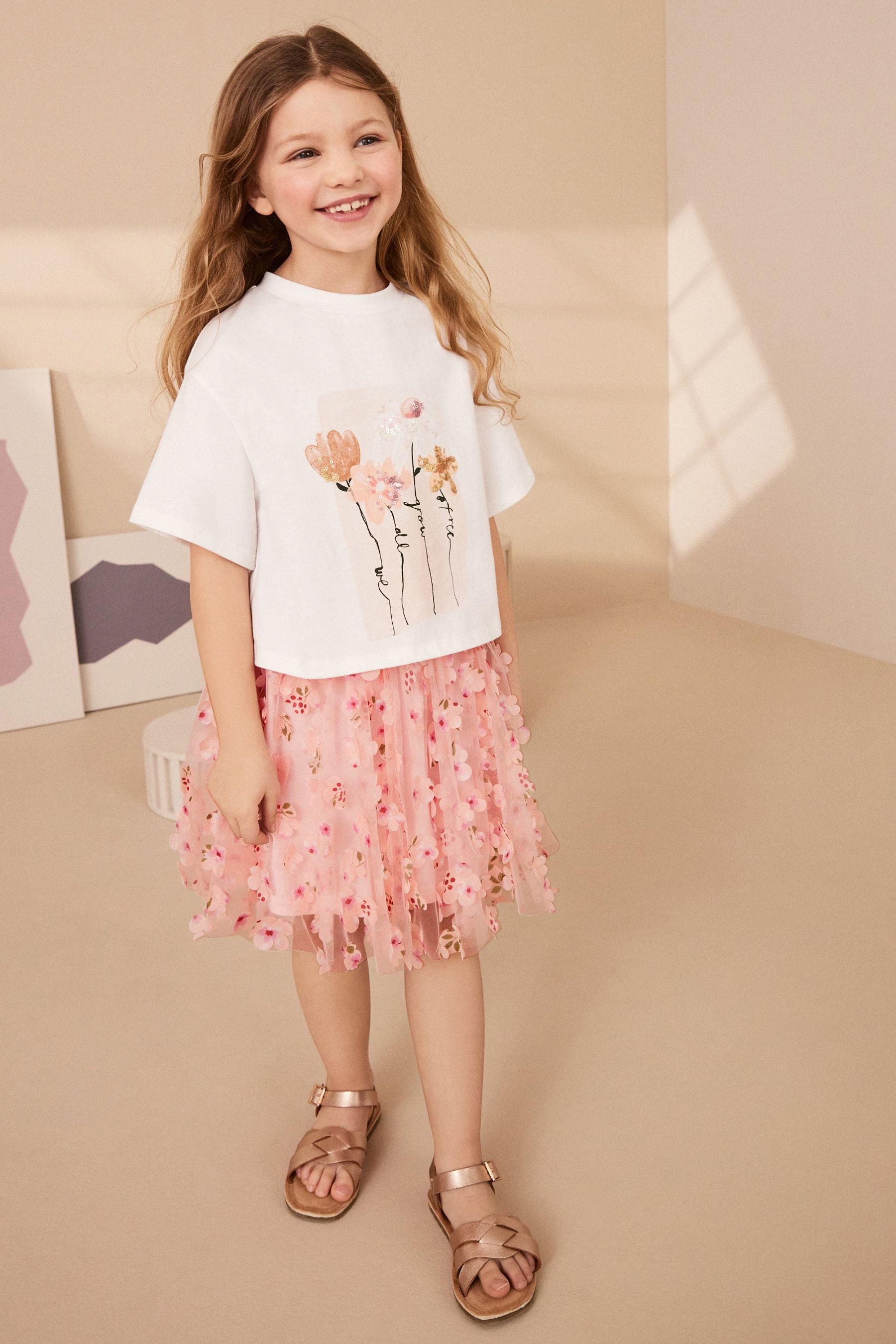 Pink T-Shirt and Floral Skirt Set (3-16yrs)