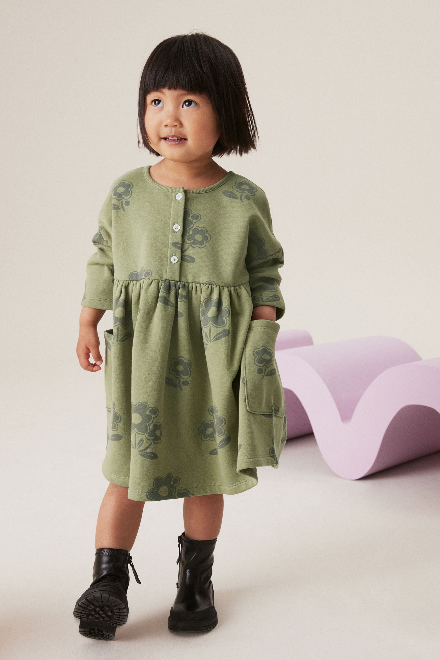 Khaki/Green 2-in-1 Long Sleeve  Pocket Jumper Dress (3mths-7yrs)