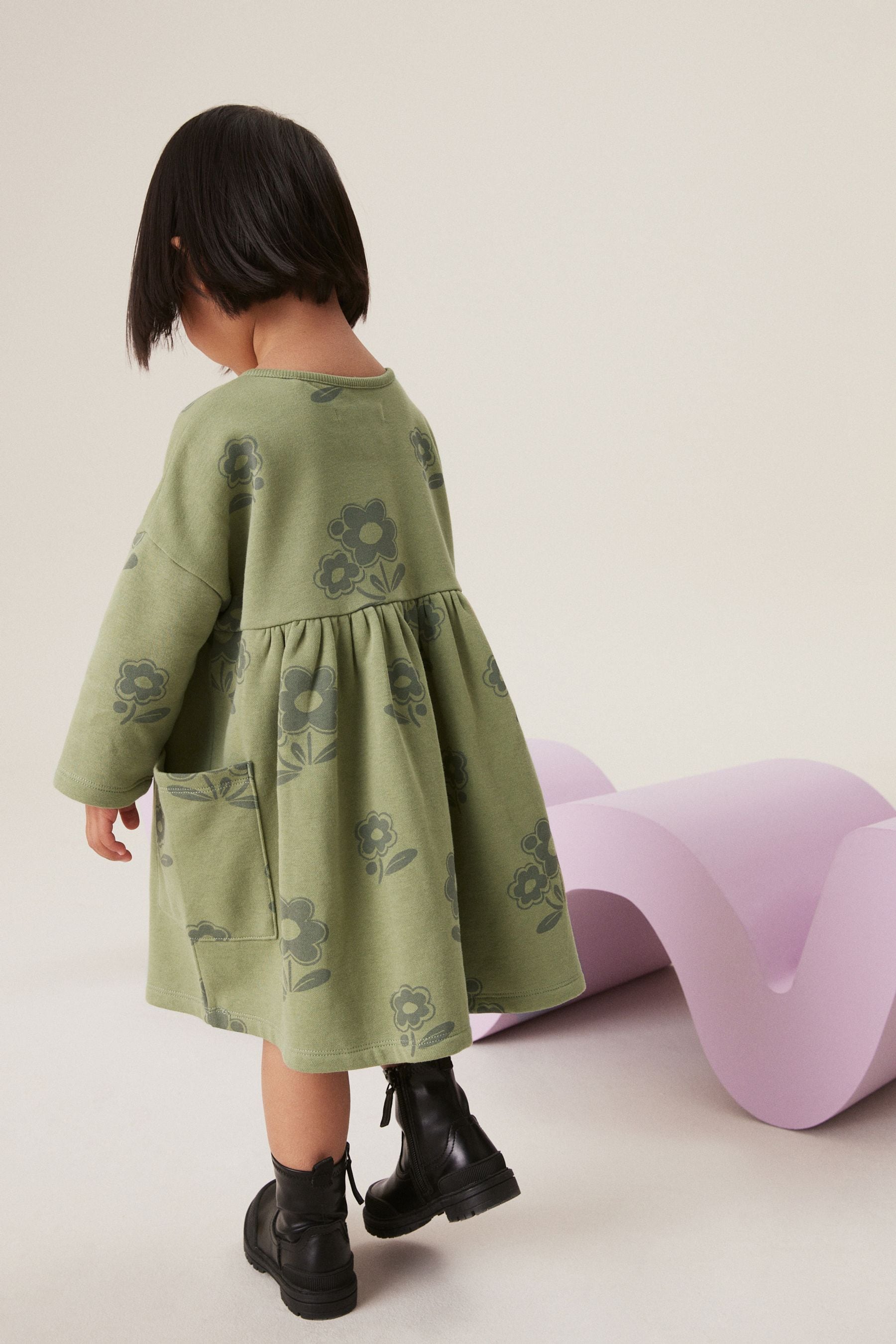 Green Floral Button Front Sweat Dress (3mths-7yrs)