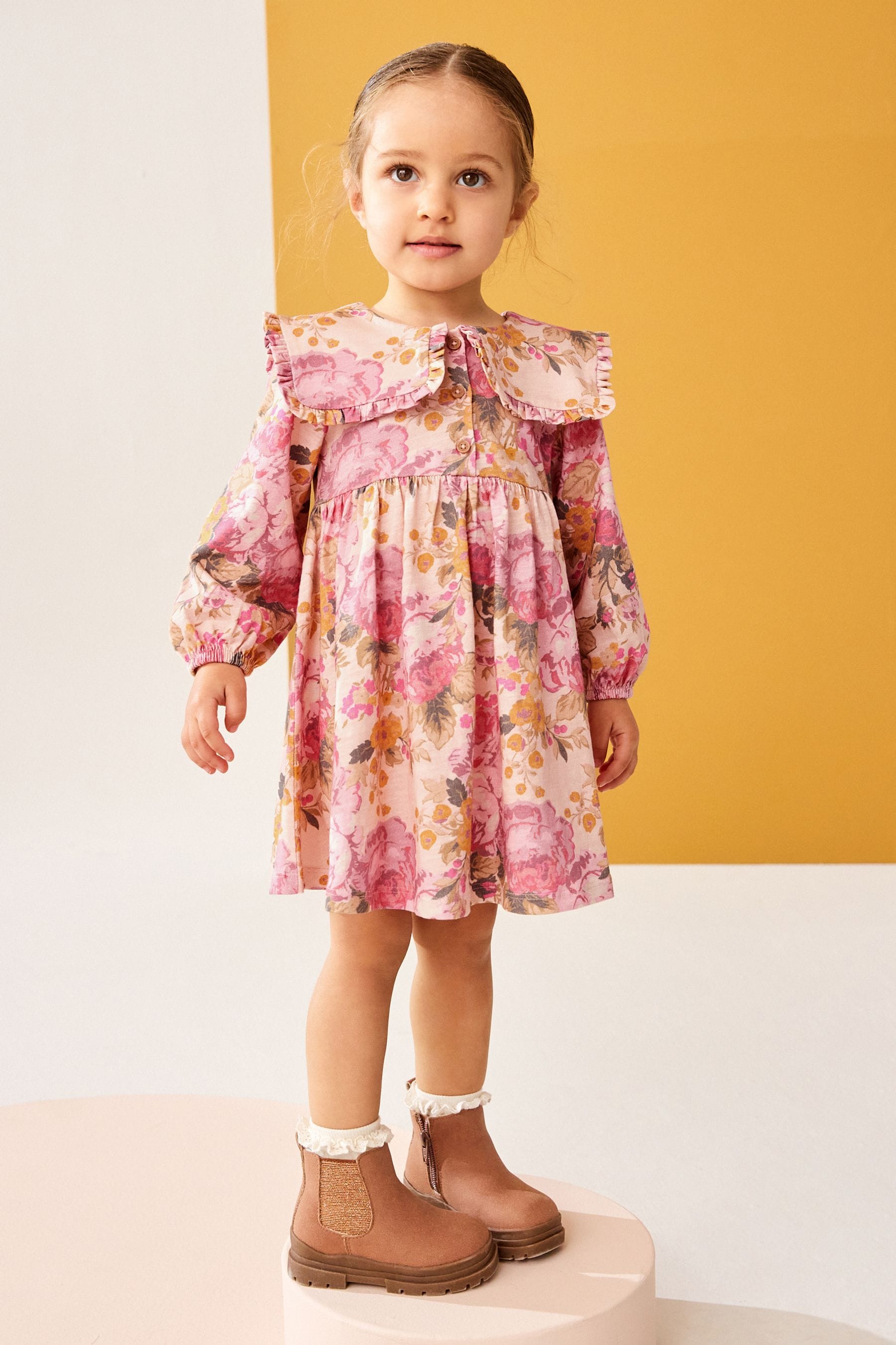 Pink 100% Cotton Long Sleeve Collar Dress (3mths-7yrs)