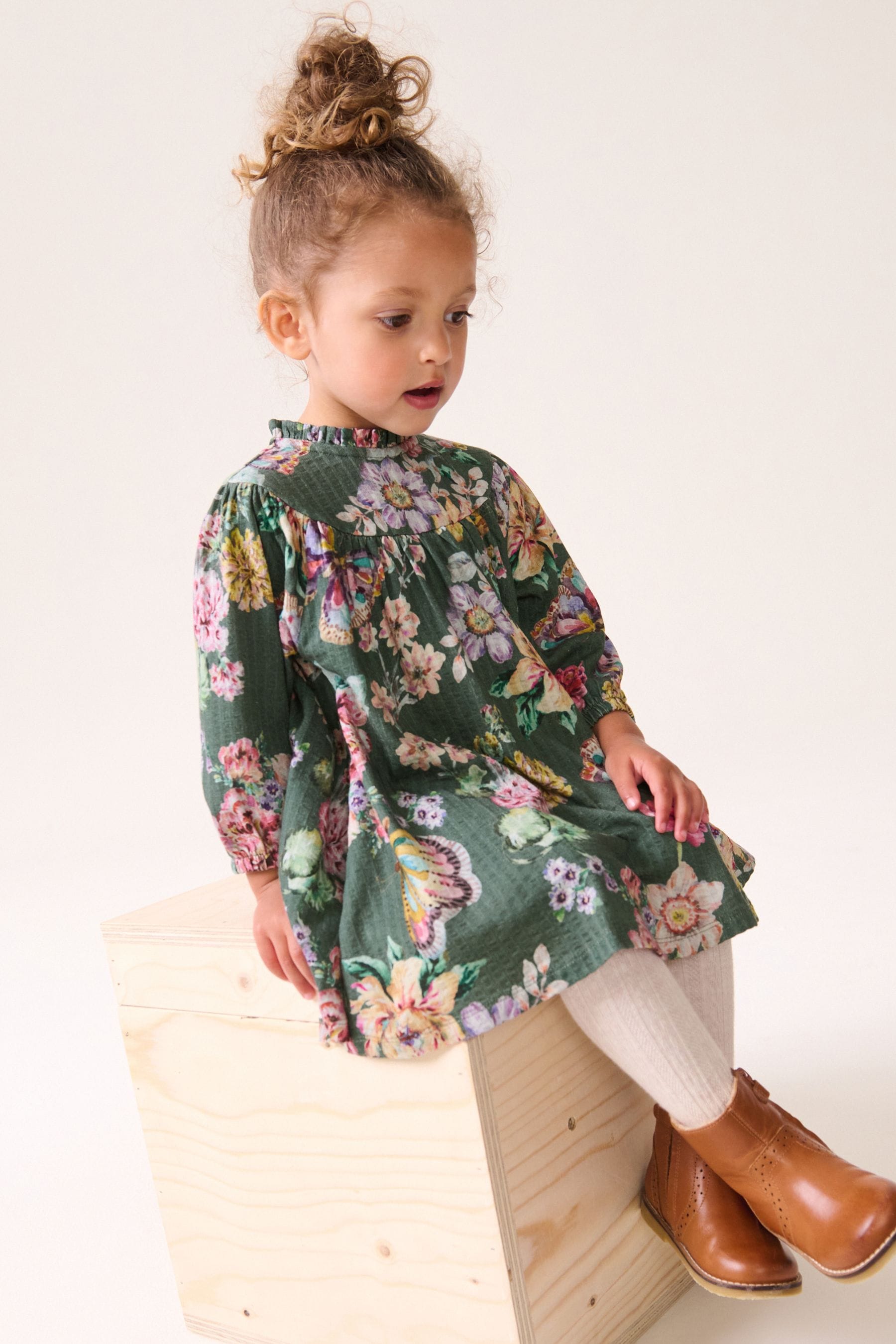 Green 100% Cotton Long Sleeve Collar Dress (3mths-7yrs)