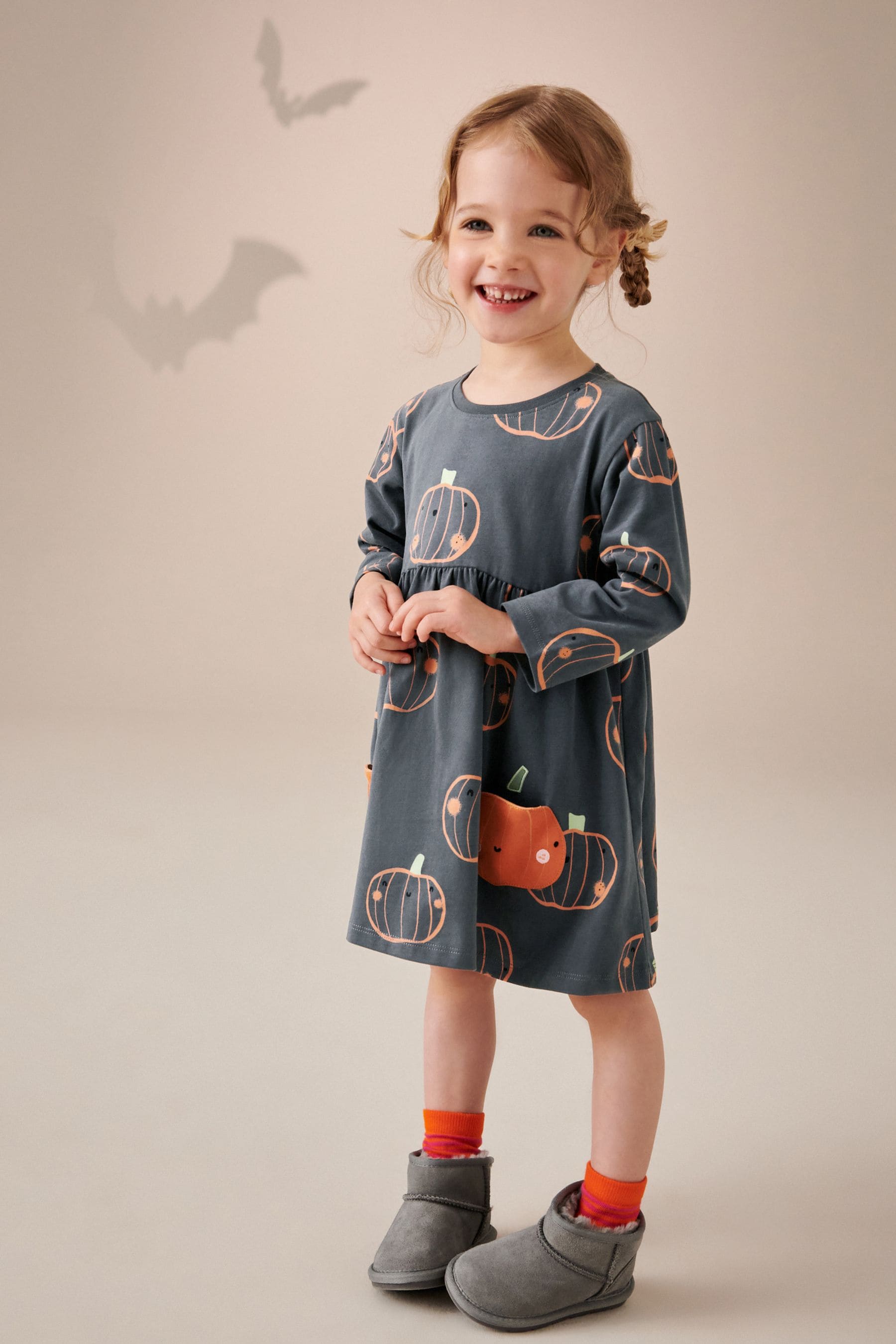 Charcoal Grey 100% Cotton Halloween Long Sleeve Dress (3mths-7yrs)