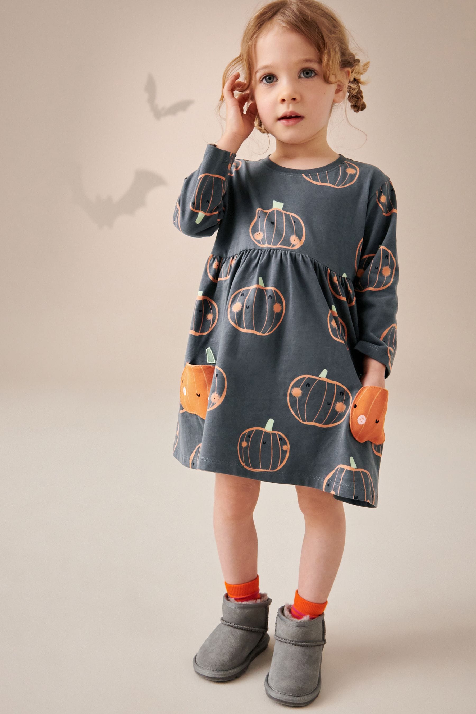 Charcoal Grey 100% Cotton Halloween Long Sleeve Dress (3mths-7yrs)