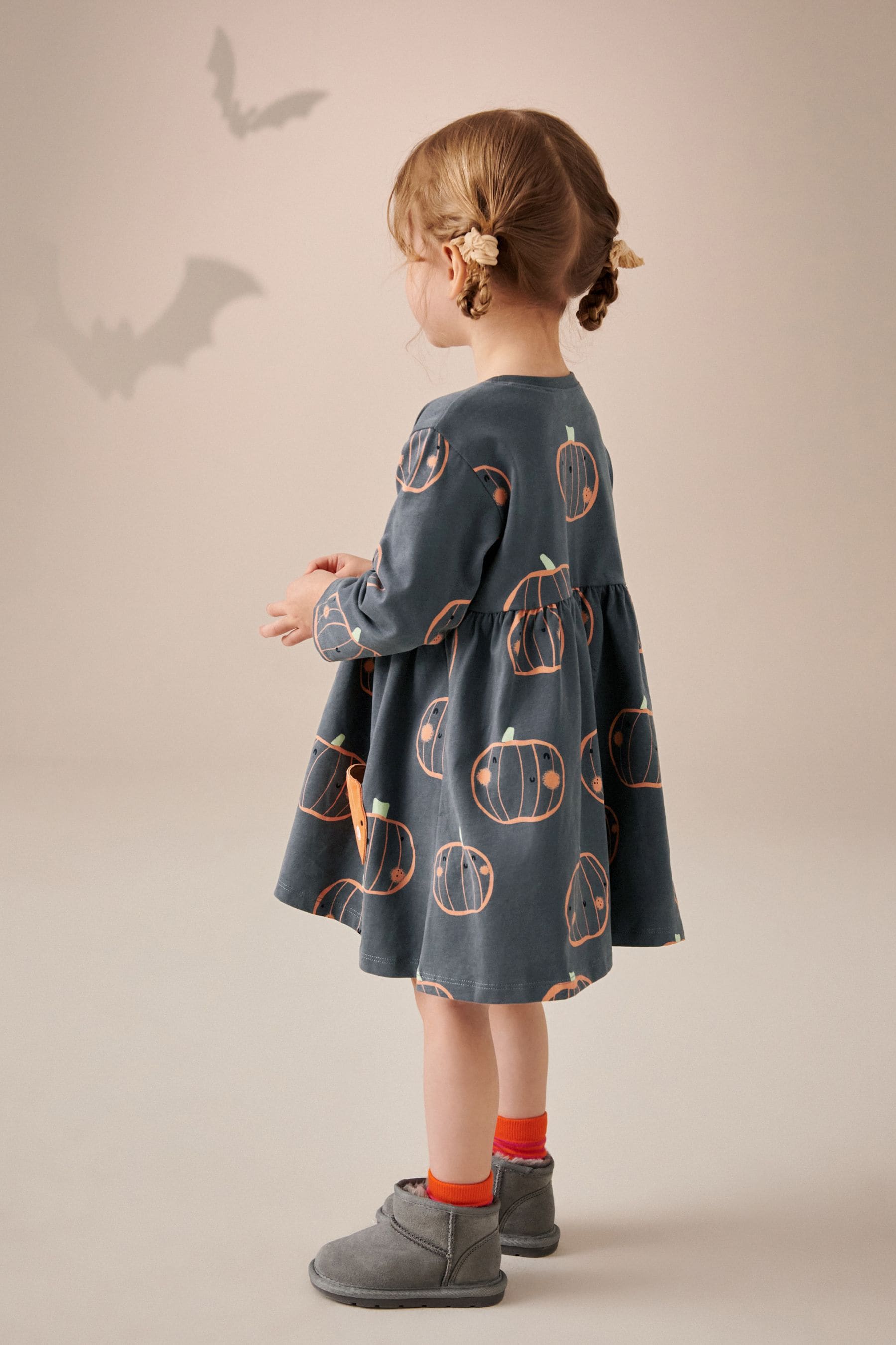 Charcoal Grey 100% Cotton Halloween Long Sleeve Dress (3mths-7yrs)