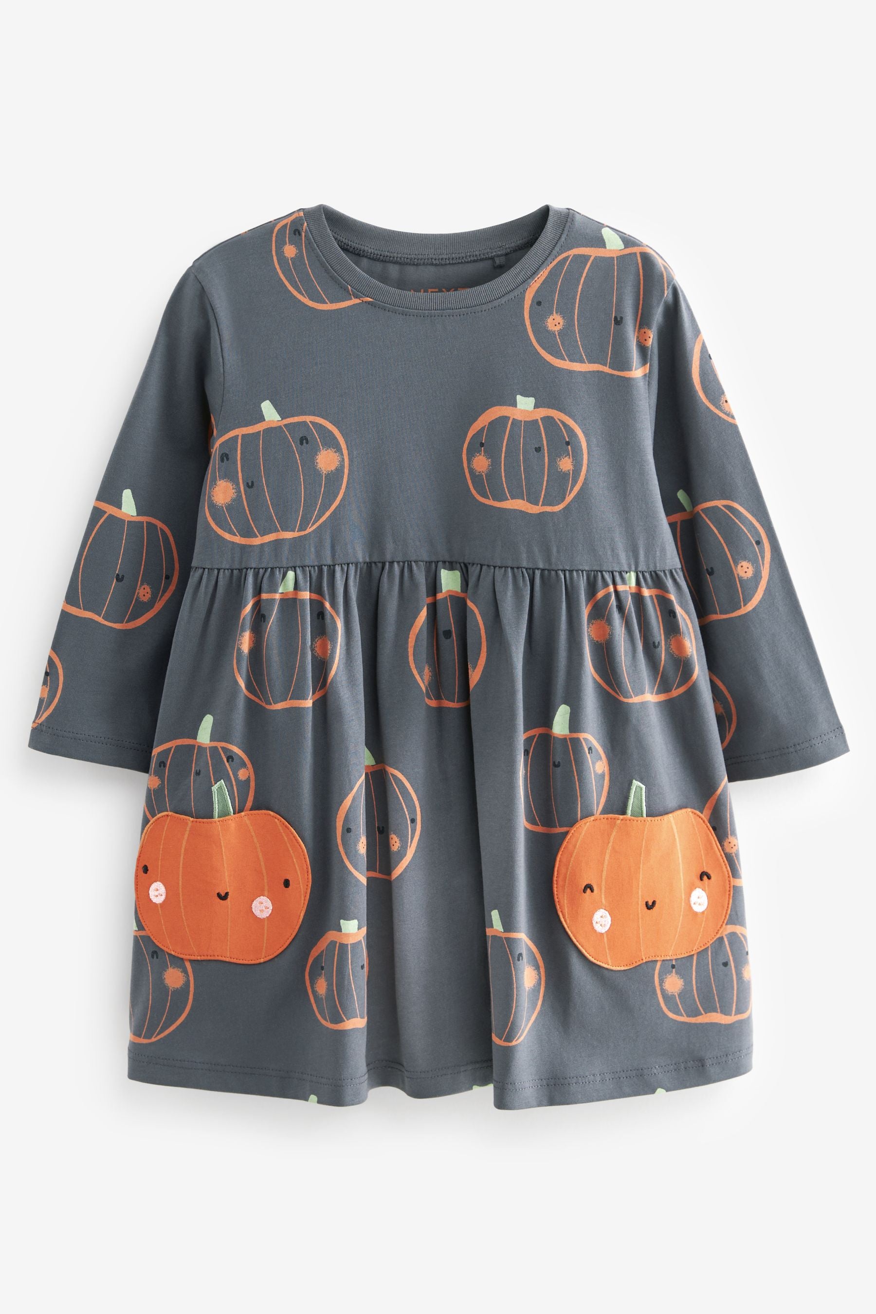 Charcoal Grey 100% Cotton Halloween Long Sleeve Dress (3mths-7yrs)