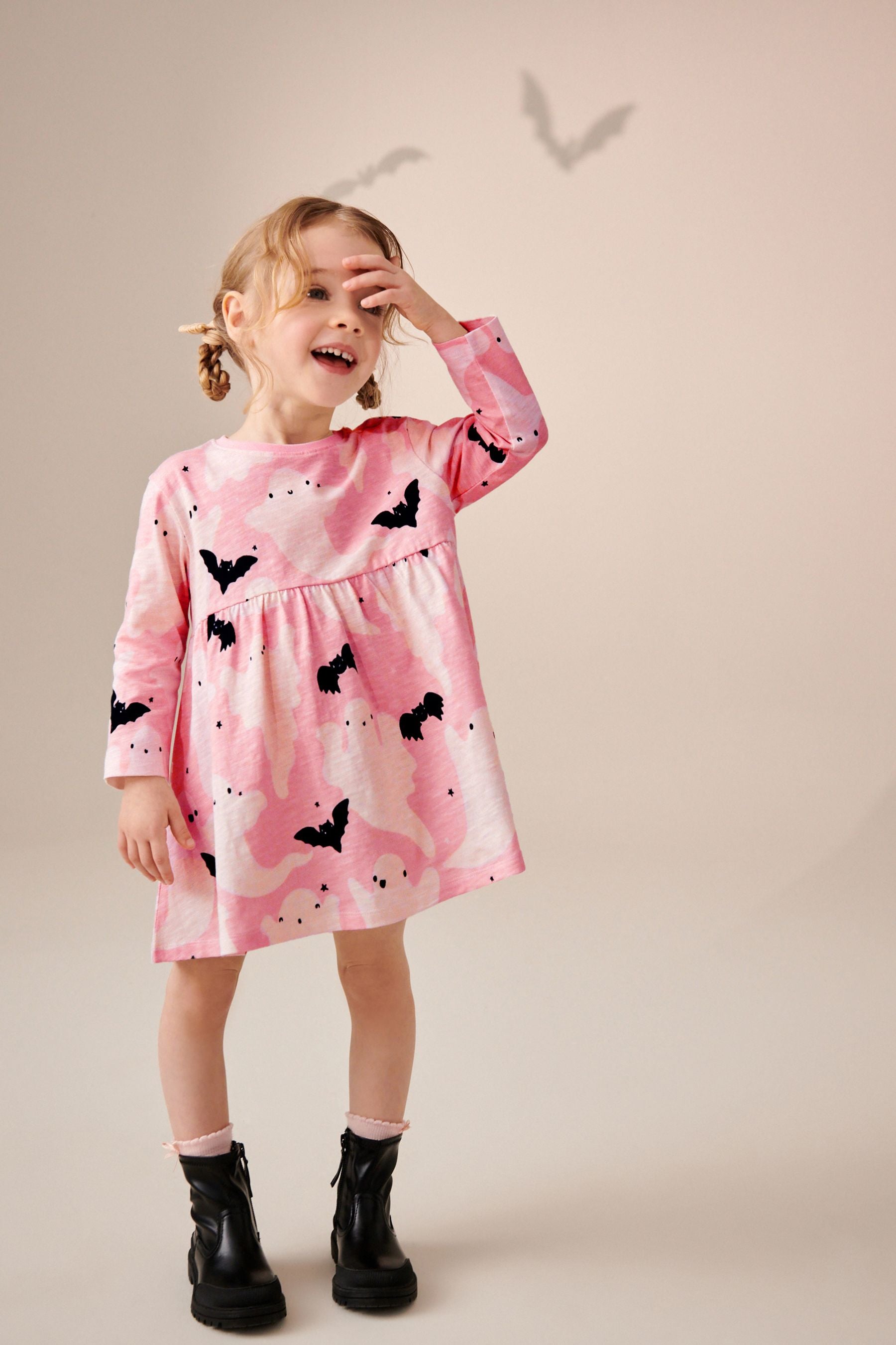 Pink/Cream Halloween Long Sleeve Jersey Dress (3mths-7yrs)