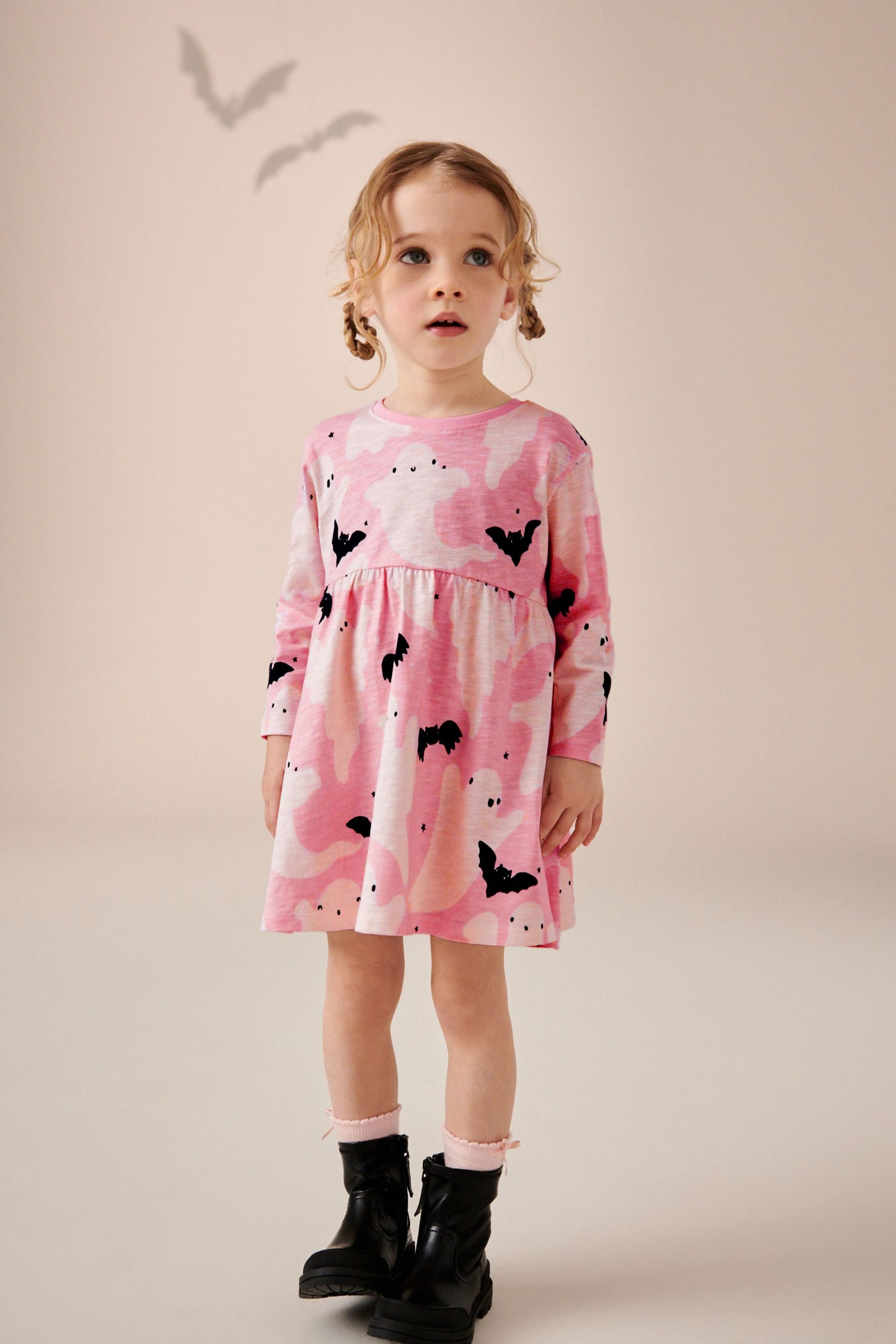 Pink/Cream Halloween Long Sleeve Jersey Dress (3mths-7yrs)