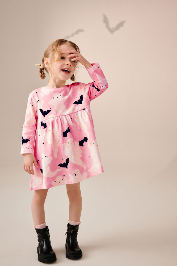 Pink Ghost 100% Cotton Halloween Long Sleeve Jersey Dress (3mths-7yrs)