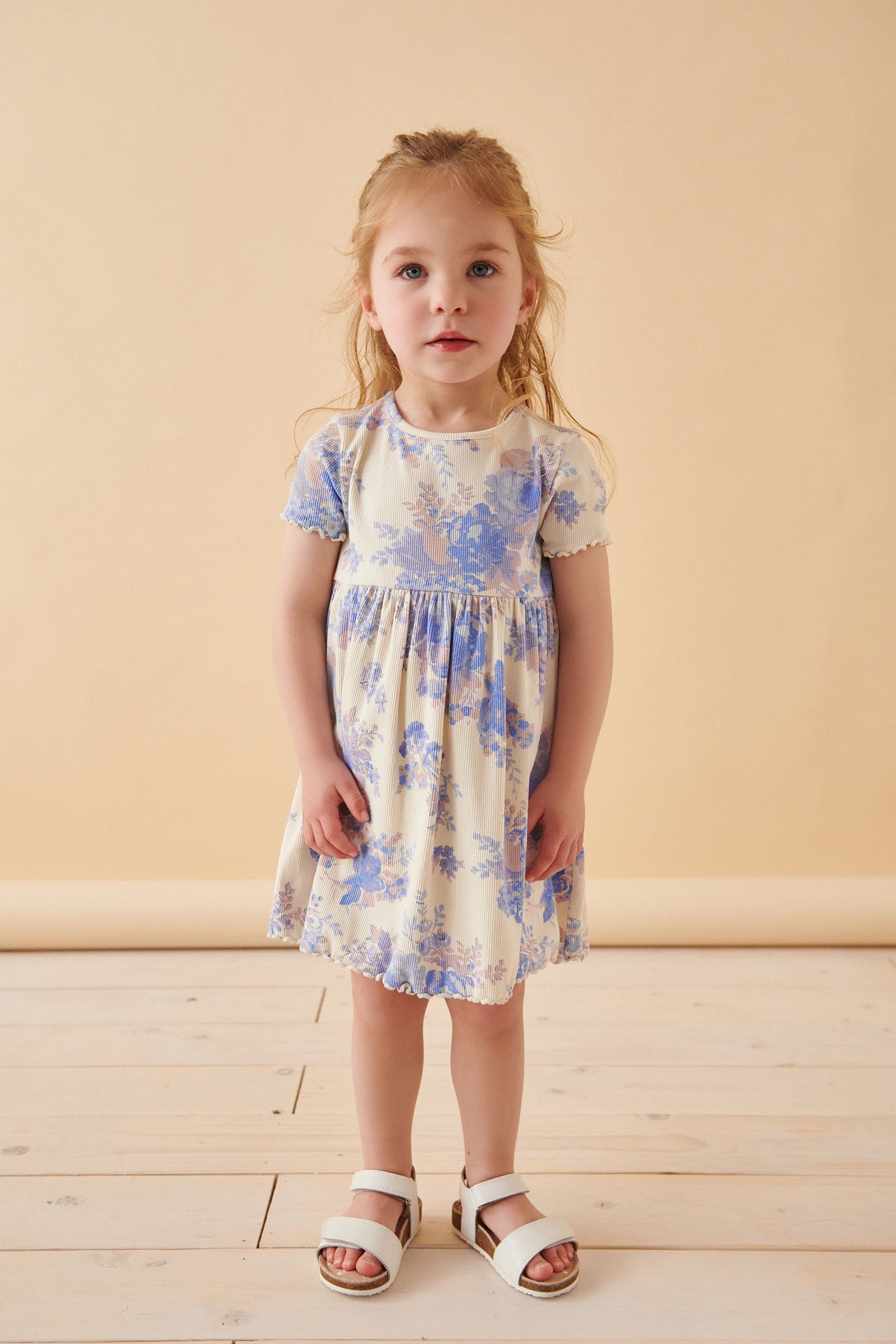 Blue/Neutral Short Sleeve Rib Jersey Dress (3mths-7yrs)