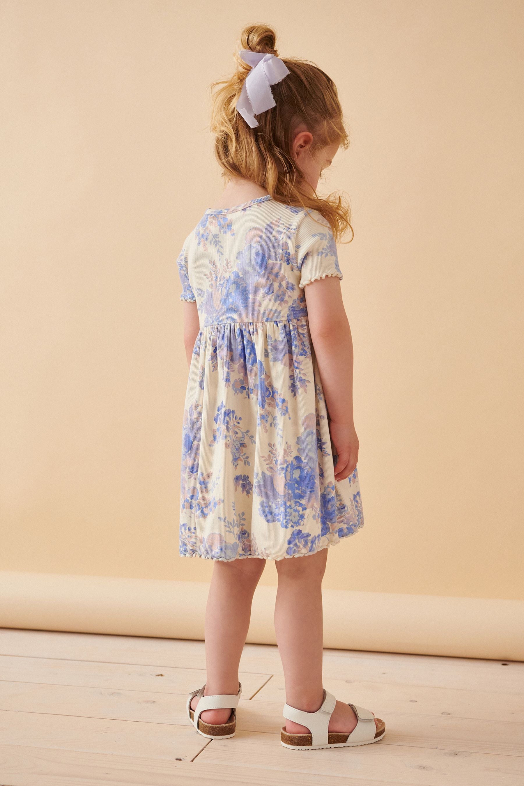 Blue/Neutral Short Sleeve Rib Jersey Dress (3mths-7yrs)