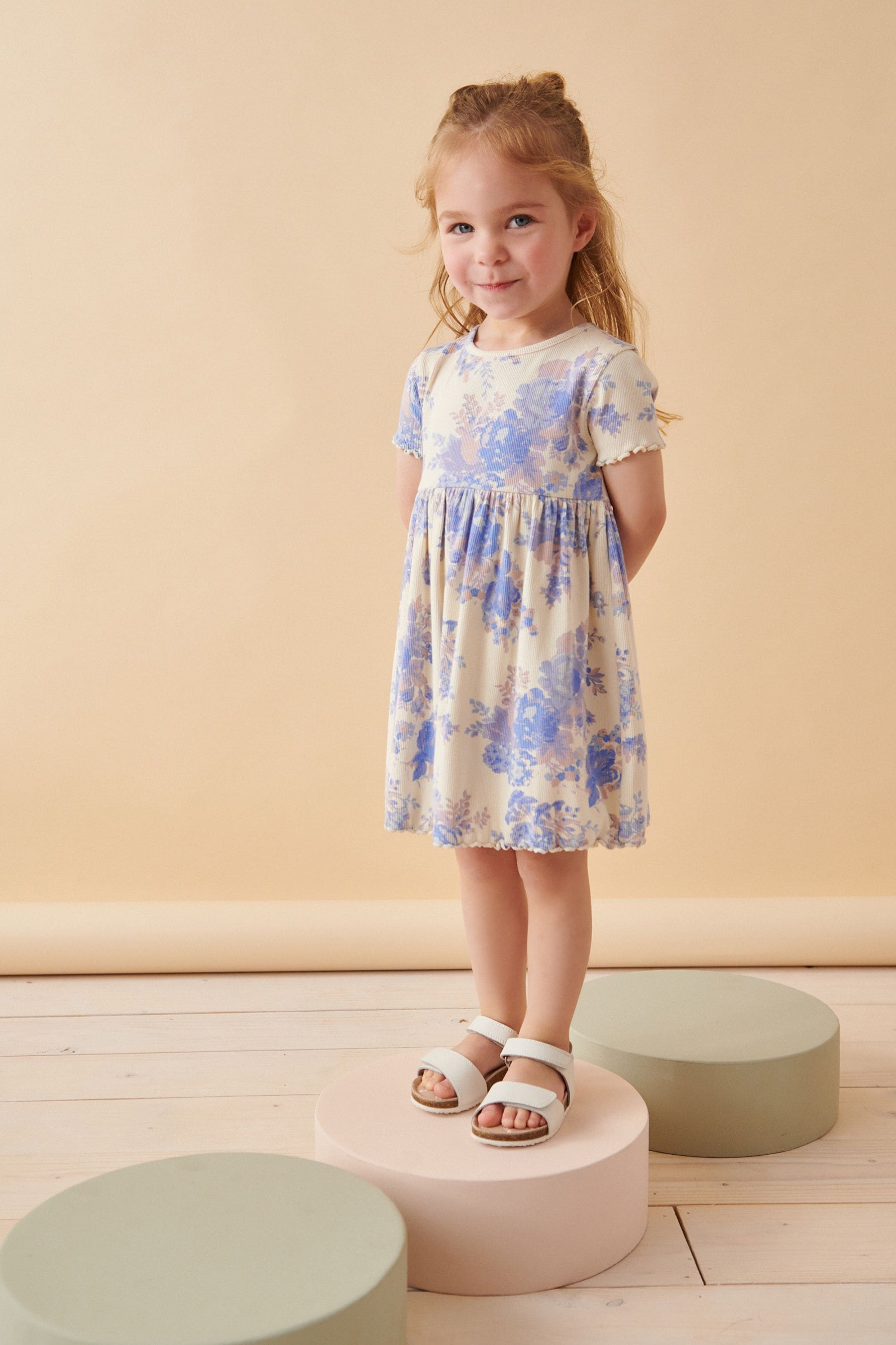 Blue/Neutral Short Sleeve Rib Jersey Dress (3mths-7yrs)