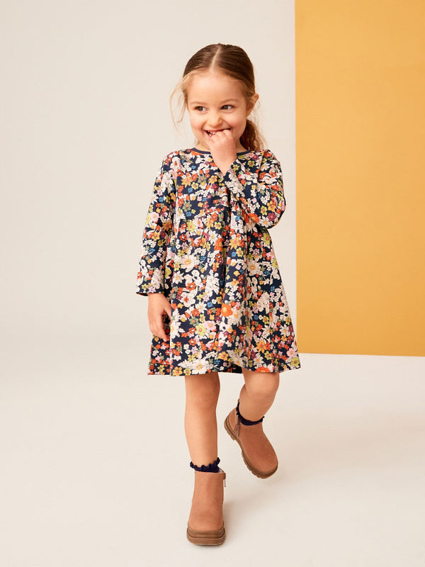 Navy Floral 100% Cotton Long Sleeve Jersey Dress (3mths-7yrs)