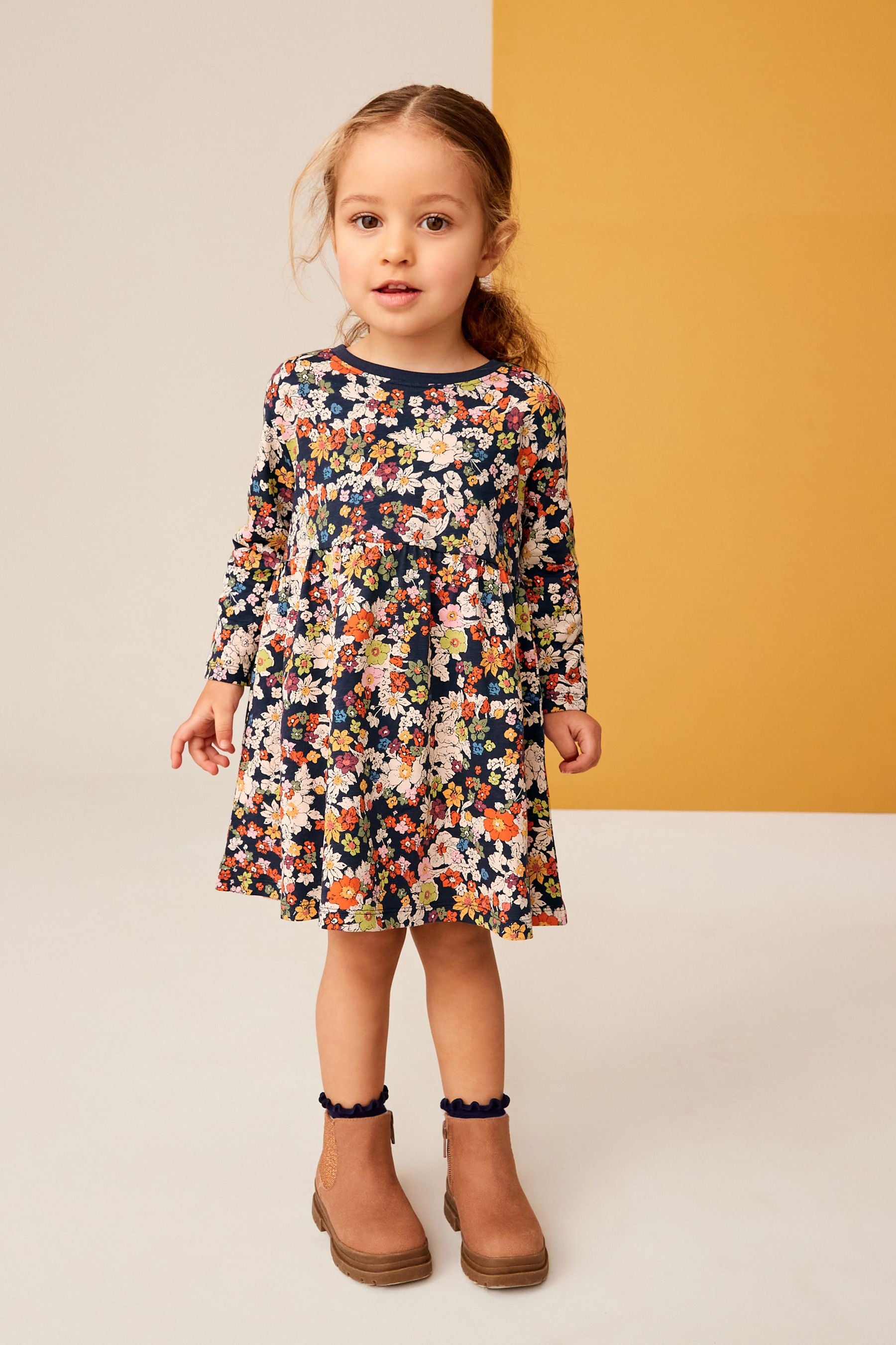 Navy Floral 100% Cotton Long Sleeve Jersey Dress (3mths-7yrs)