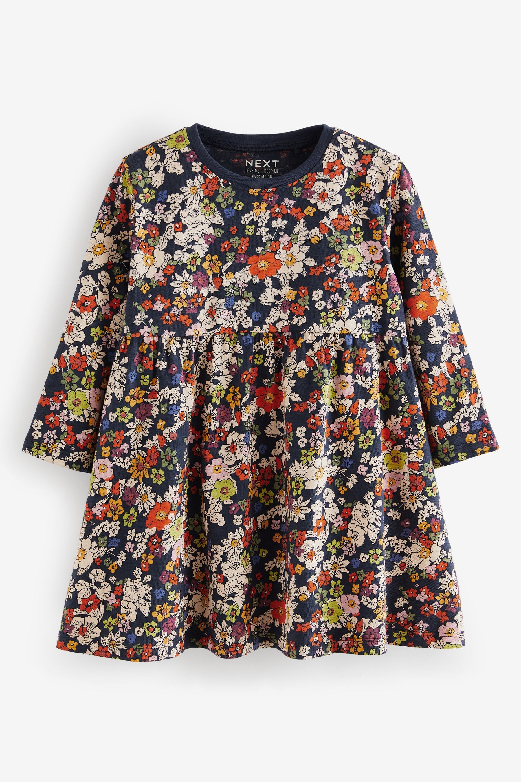 Navy Floral 100% Cotton Long Sleeve Jersey Dress (3mths-7yrs)