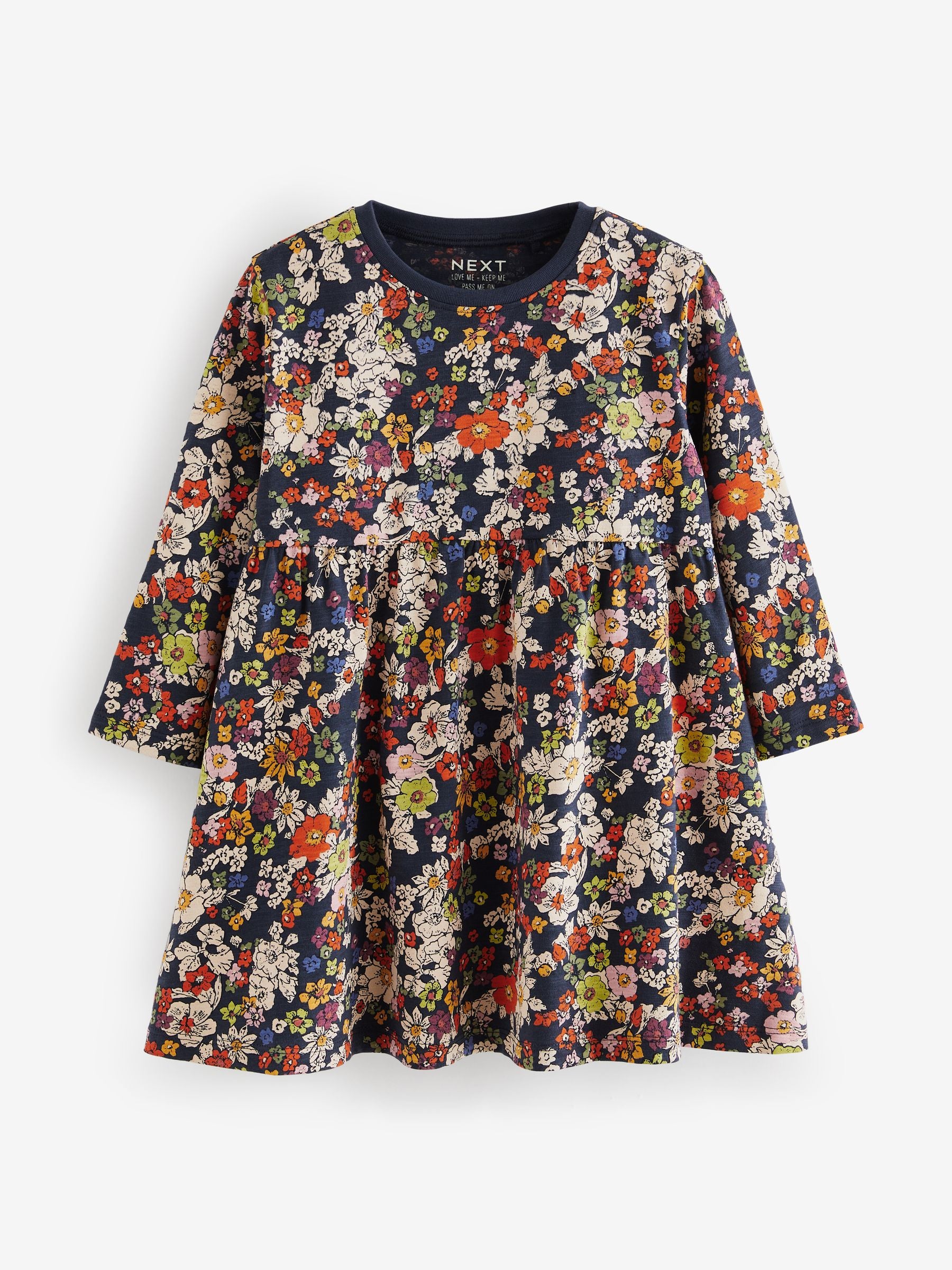 Navy Floral 100% Cotton Long Sleeve Jersey Dress (3mths-7yrs)