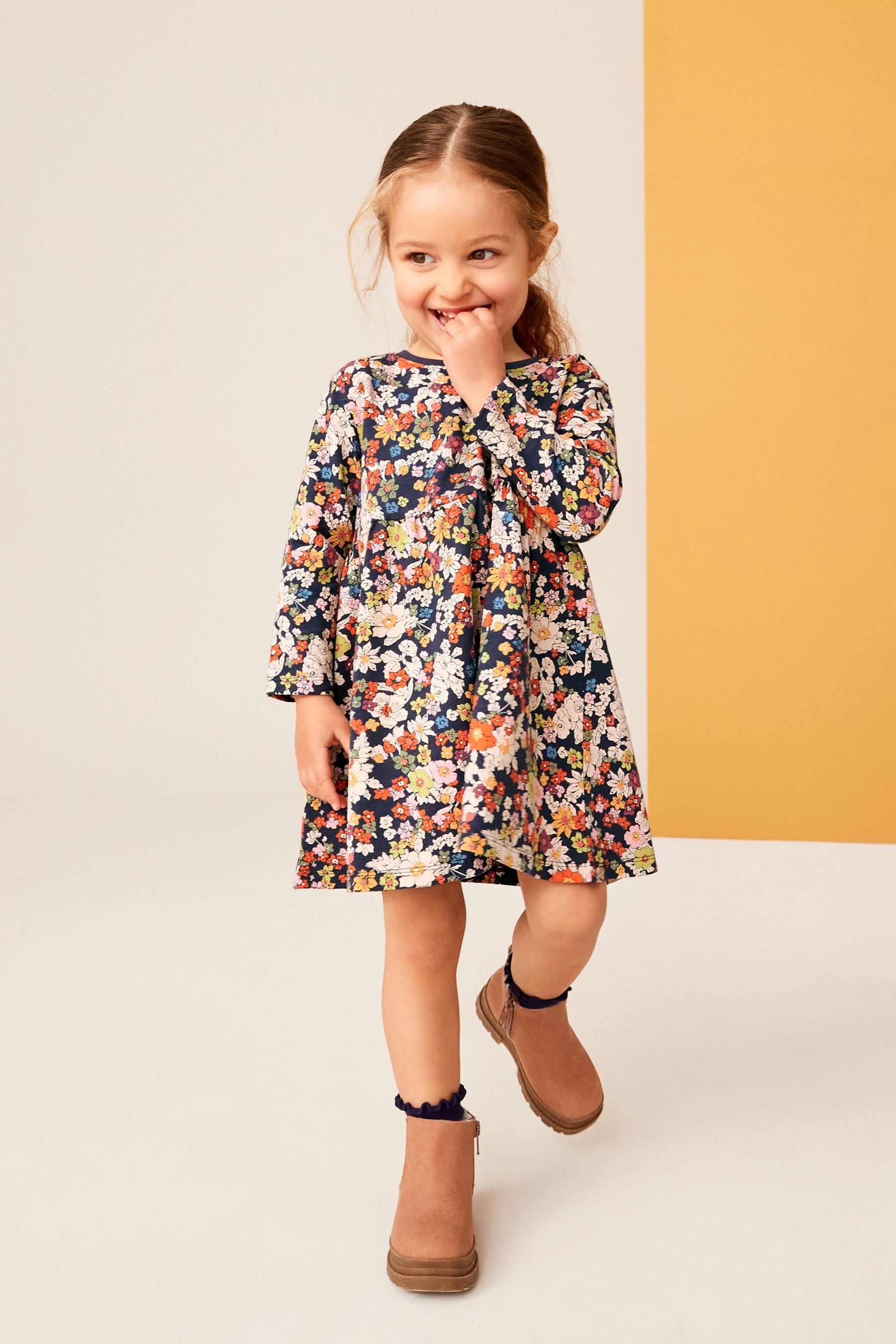 Navy Floral 100% Cotton Long Sleeve Jersey Dress (3mths-7yrs)