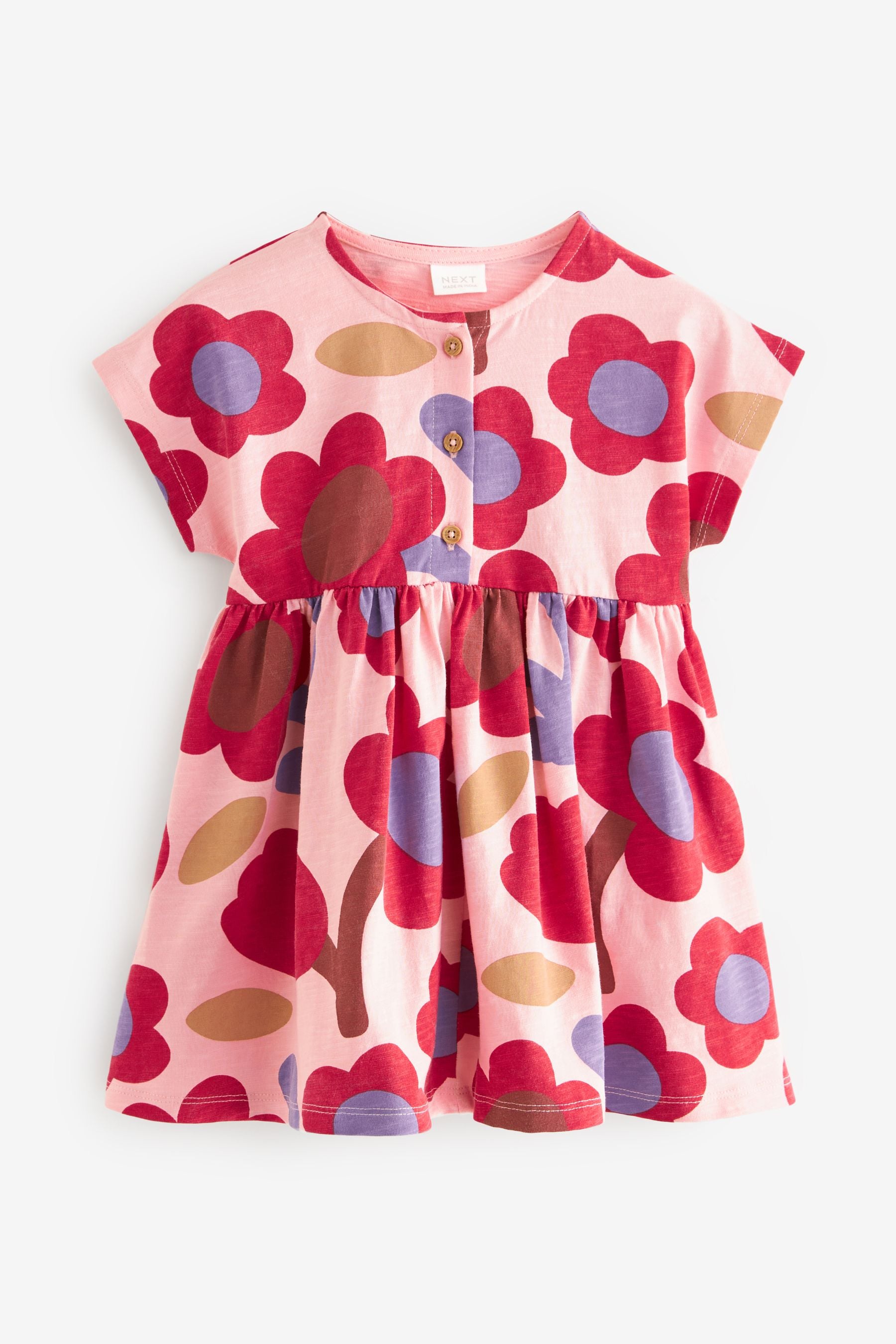 Pink/Tan Brown Button Front Jersey Dress (3mths-7yrs)