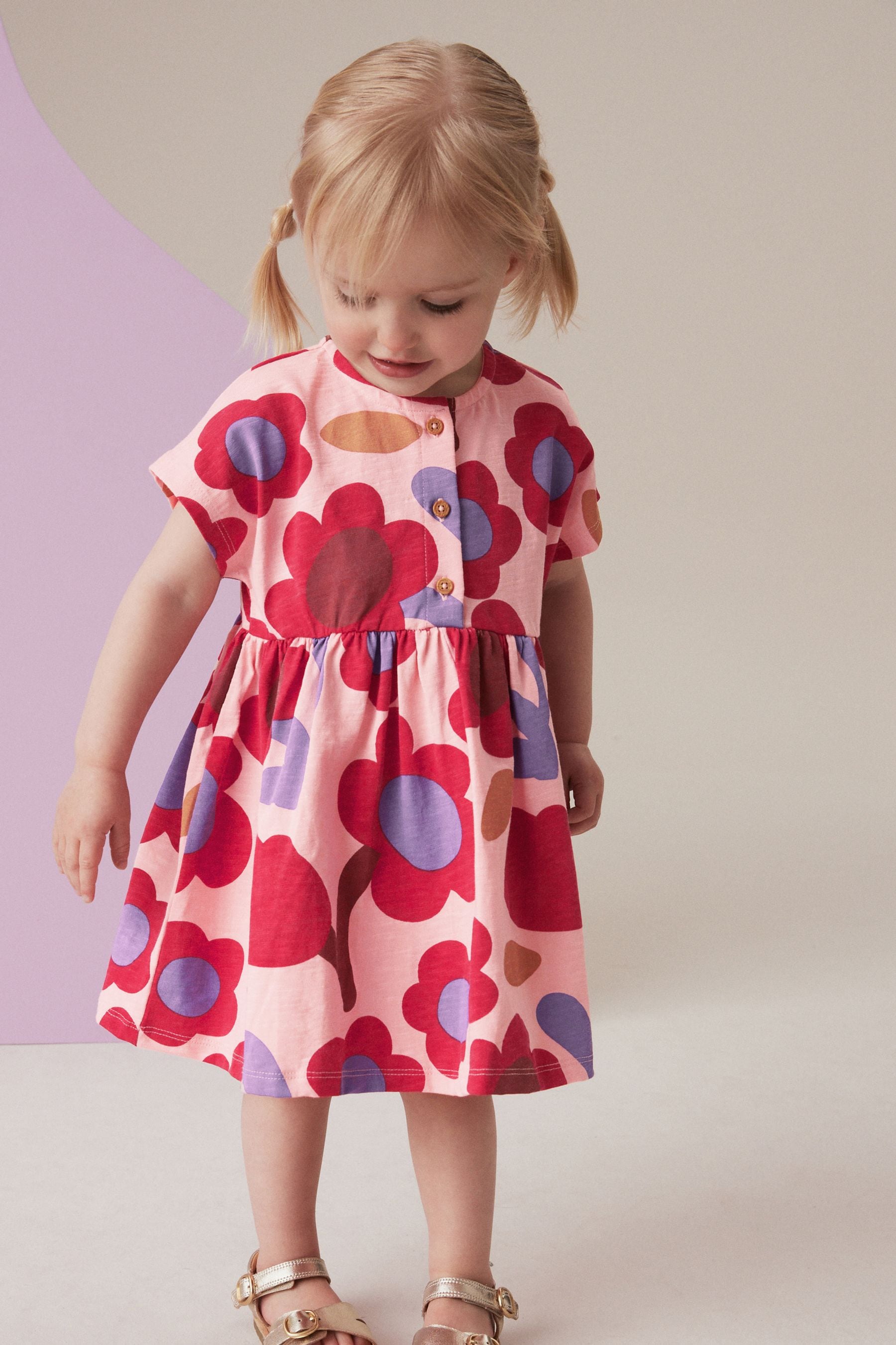 Pink/Tan Brown 100% Cotton Button Front Jersey Dress (3mths-7yrs)