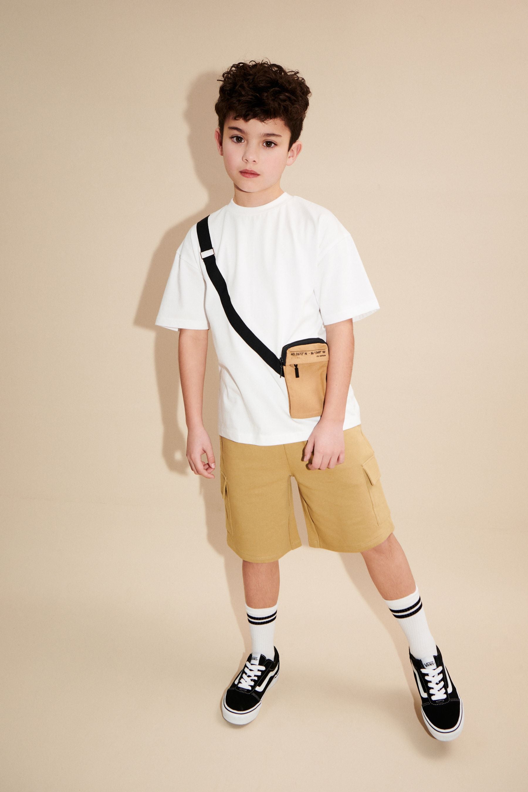 White/ Stone Utility Bag Short Sleeves 100% Cotton T-Shirt and Shorts Set (3-16yrs)